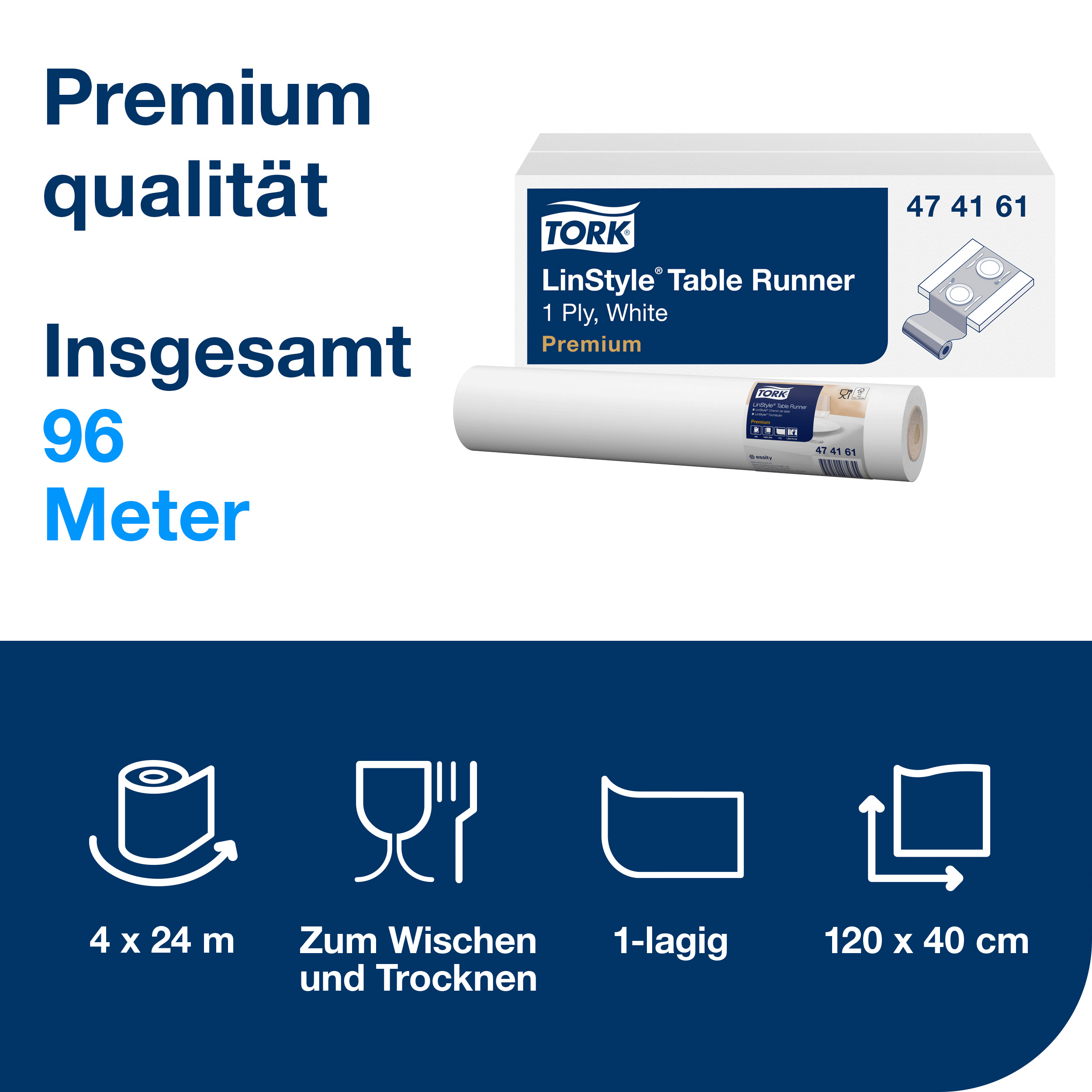 Tork LinStyle® Tischläufer Weiß, robust, 1-lagig, 120 cm × 40 cm, 4 × 20 Tischläufer, 474161