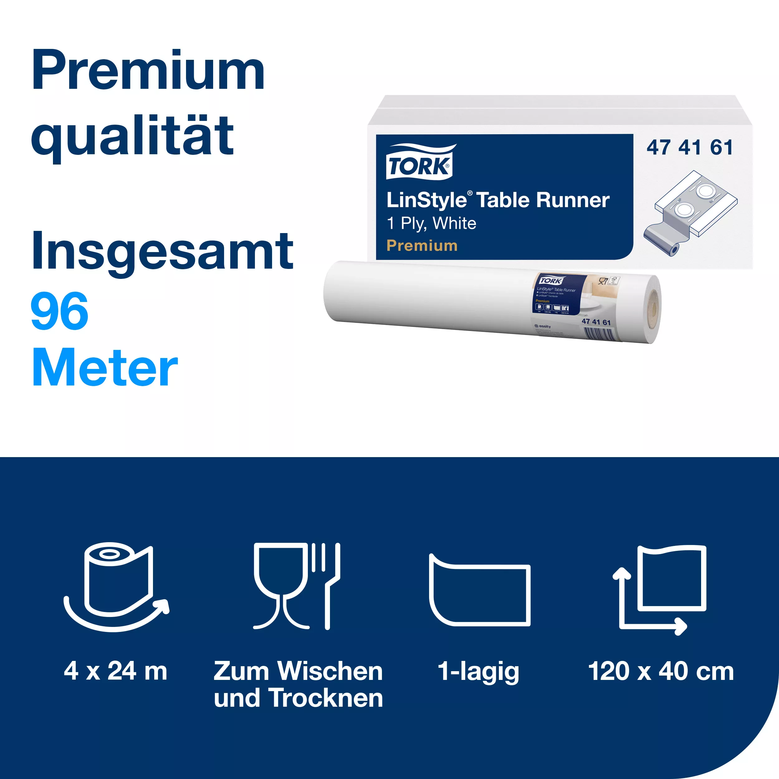 Tork LinStyle® Tischläufer Weiß, robust, 1-lagig, 120 cm × 40 cm, 4 × 20 Tischläufer, 474161