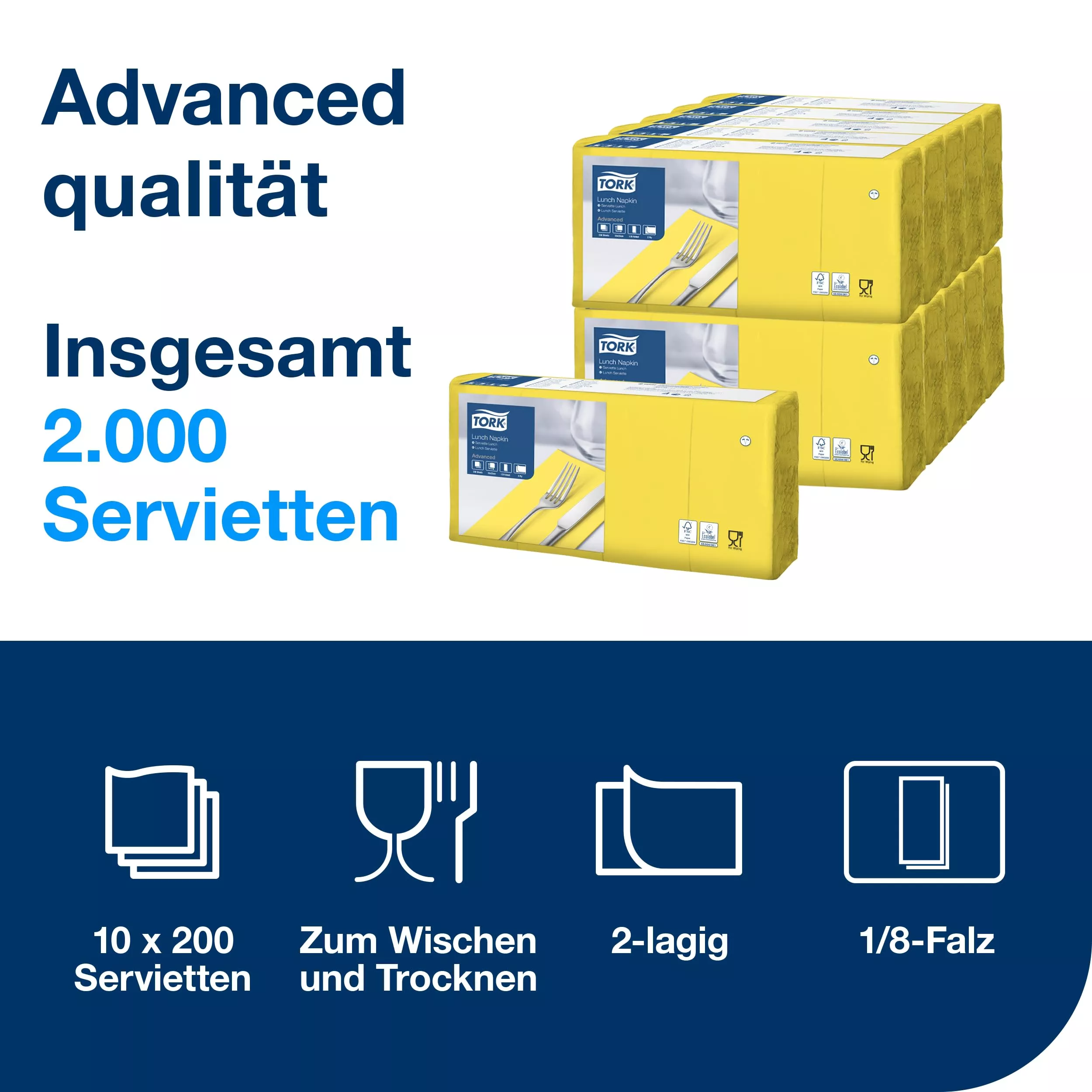 Tork Lunchserviette Gelb, 1/8-Falz, 2-lagig, 33 cm × 33 cm, 10 × 200 Servietten, 477850