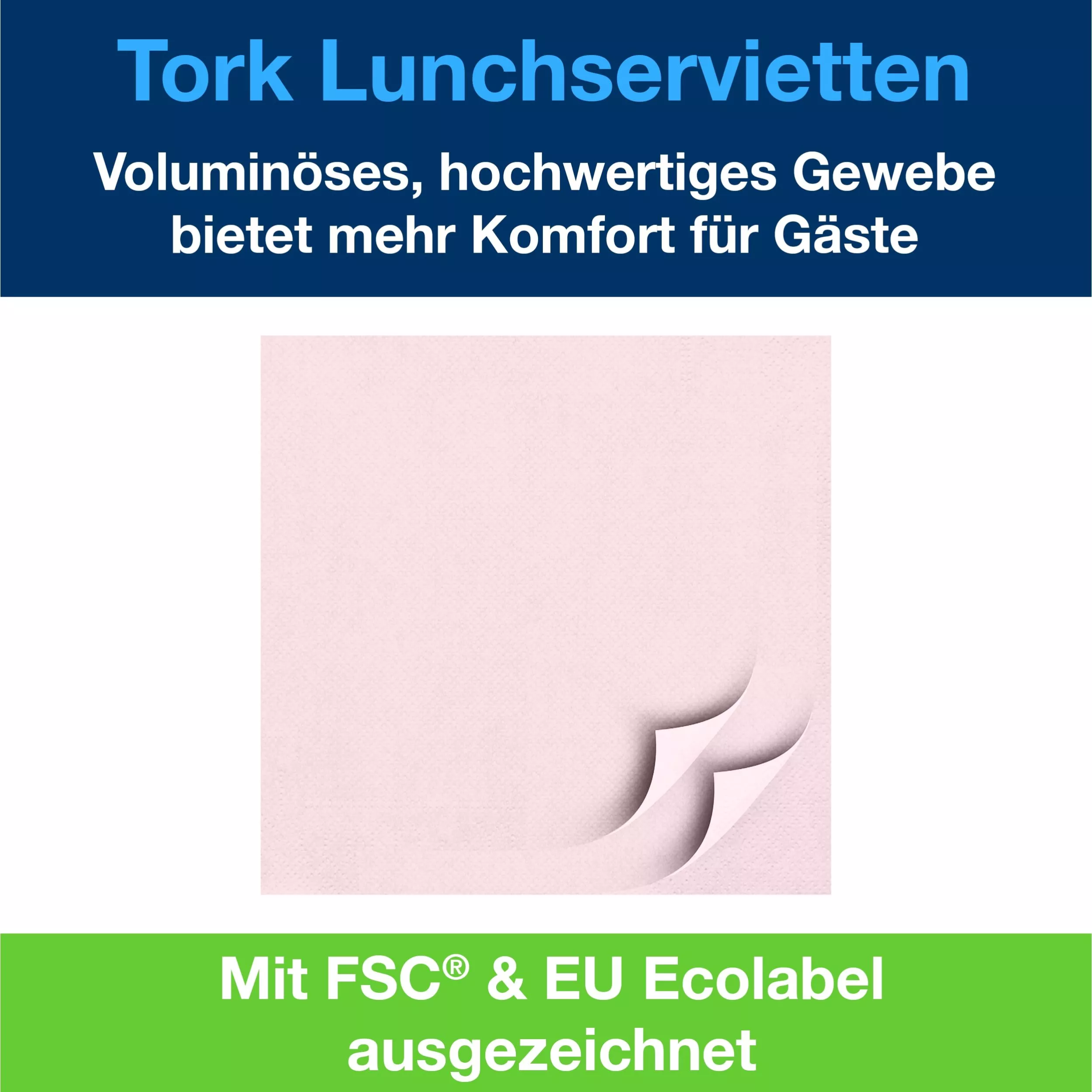 Tork Soft Lunchservietten Hellrosa, 1/4-Falz, 3-lagig, 33 cm × 33 cm, 10 × 150 Servietten, 477849