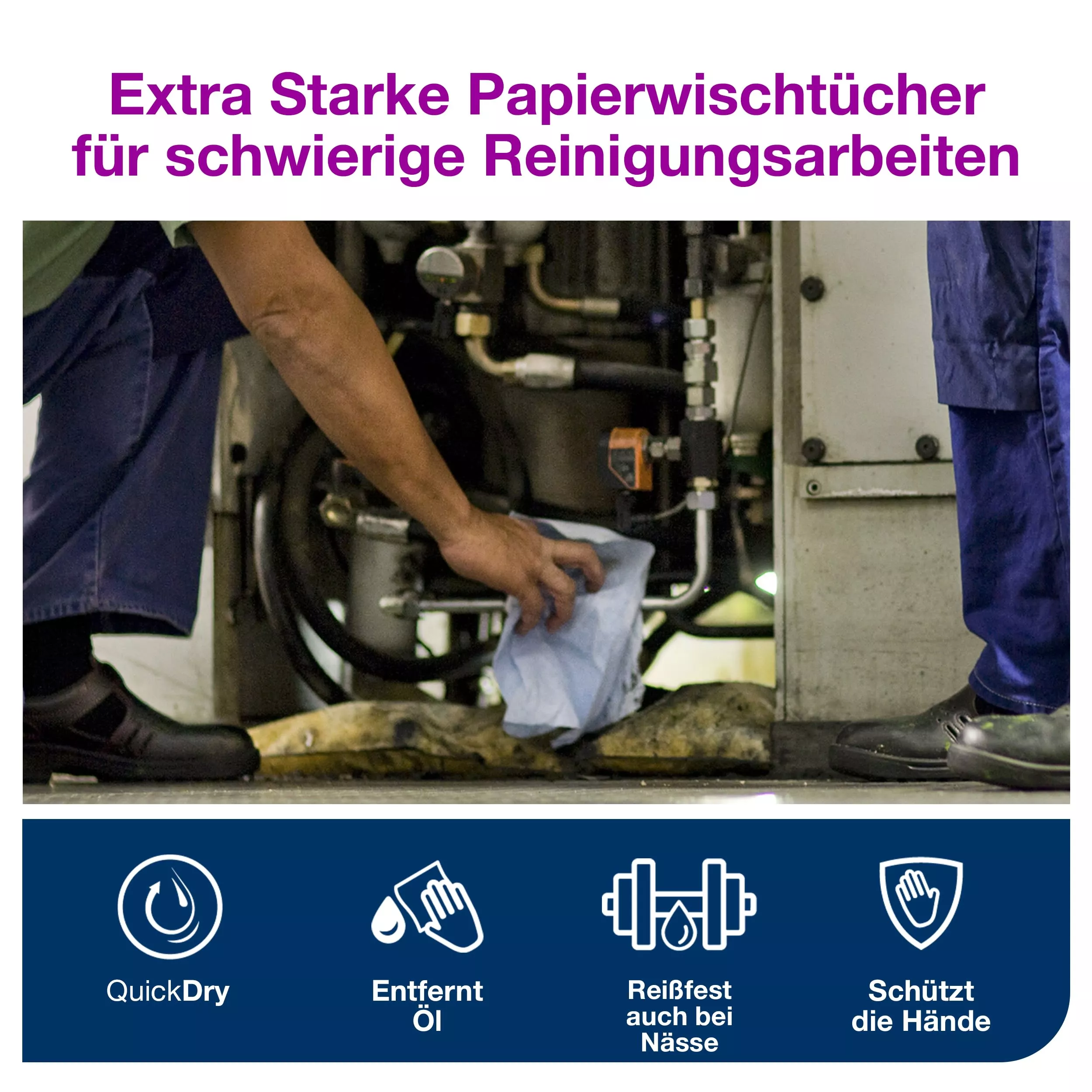 Tork Extra Starke Industrie Papierwischtücher Blau W4, Schützen die Hände, 5 × 100 Tücher, 130082