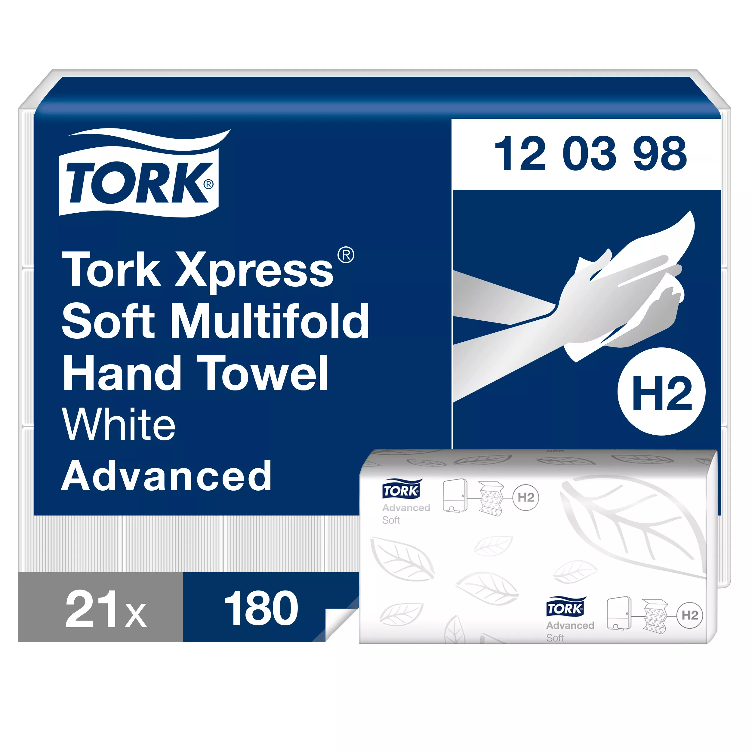 Tork Xpress® weiche Multifold-Handtücher Weiß H2, Advanced-Qualität, 2-lagig, Zickzackfalz, saugfähig, 21 × 180 Tücher, 120398