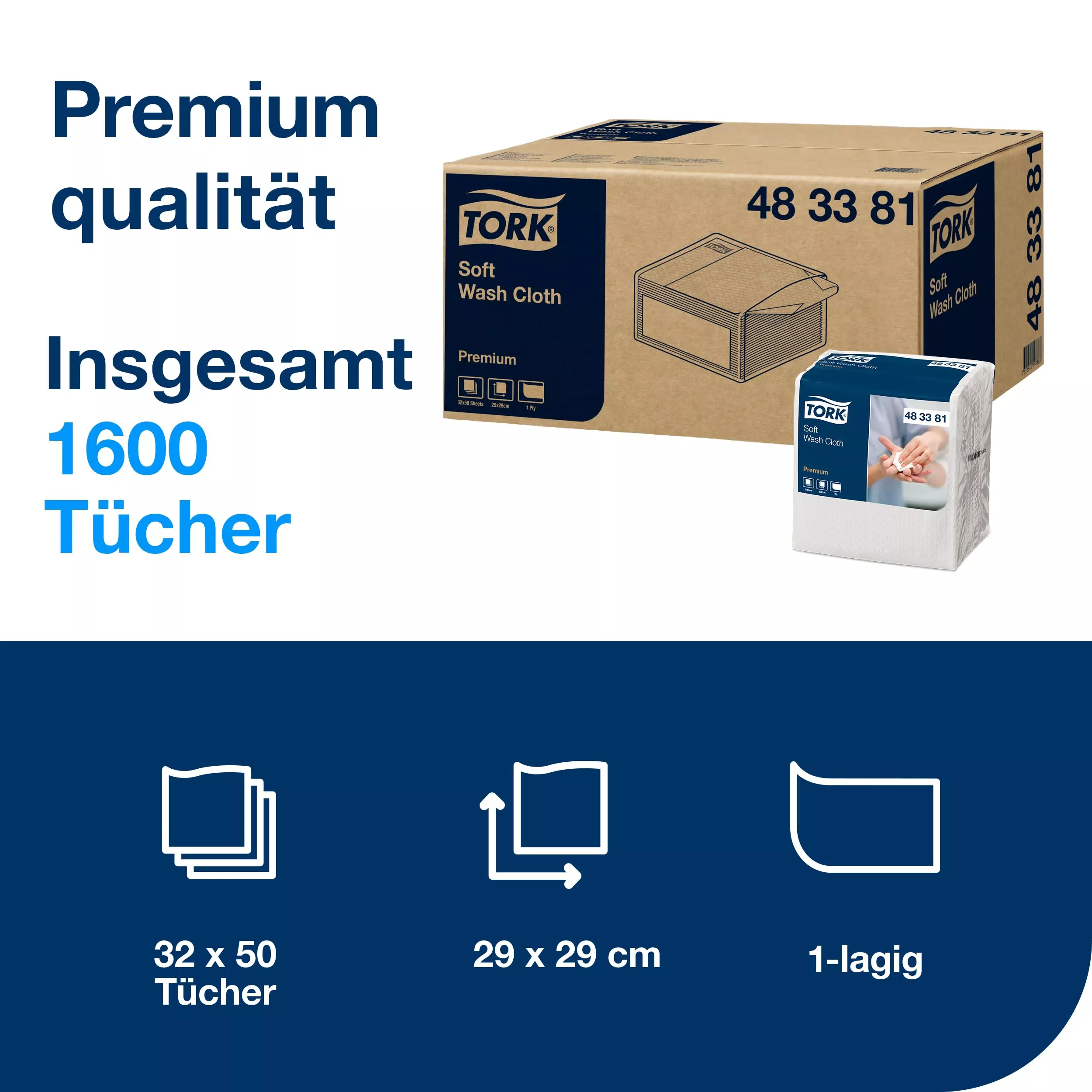 Tork weiches Waschtuch Weiß, Einzeltuchentnahme, Premium, hohe Saugfähigkeit, 32 × 50 Tücher, 483381