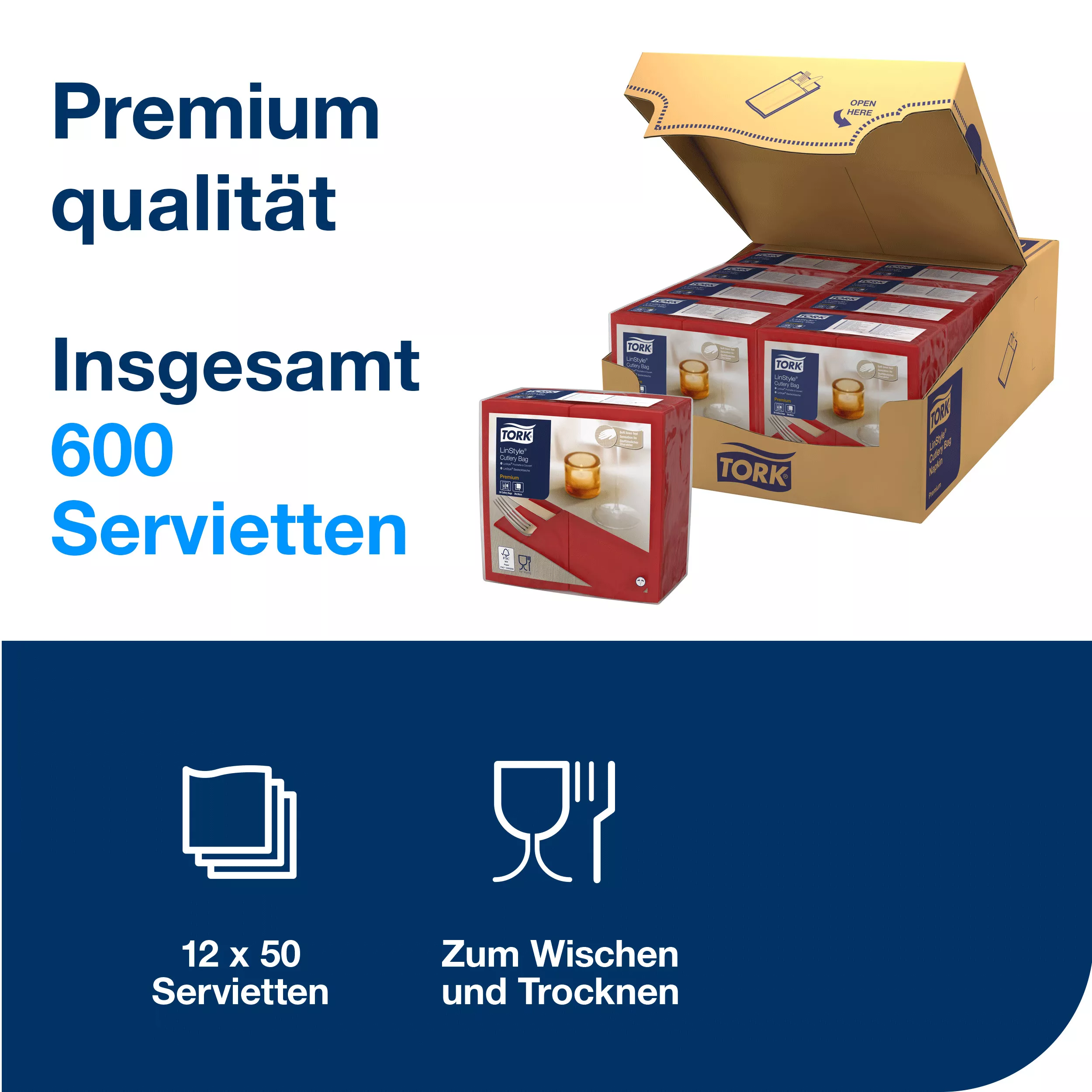 Tork LinStyle® Bestecktaschen Bordeauxrot, strapazierfähig, 39 cm × 39 cm, 6 × 60 Servietten, 509604