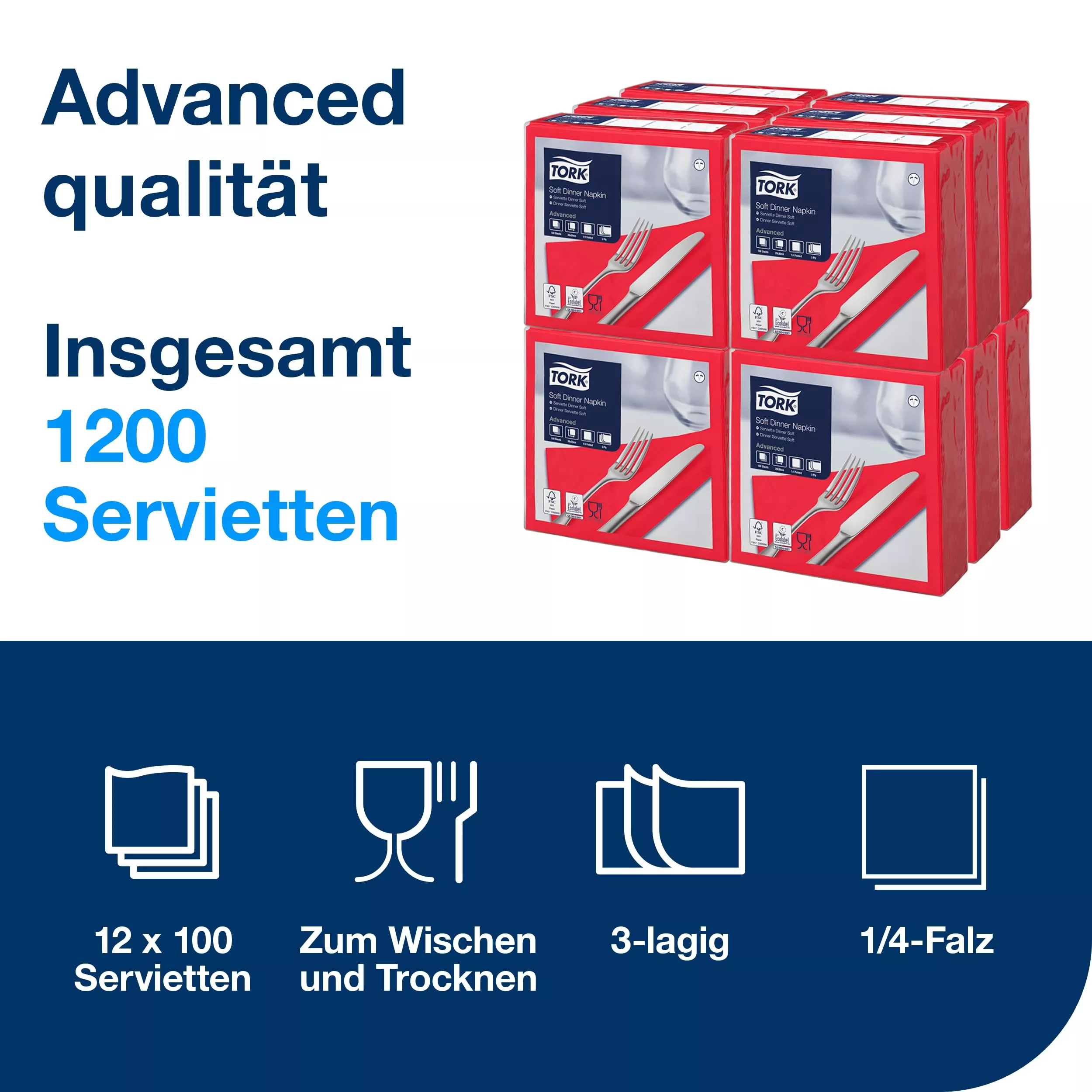 Tork Soft Dinnerservietten Rot, 1/4‑Falz, 3‑lagig, 40 cm × 39 cm, 12 × 100 Servietten, 477591