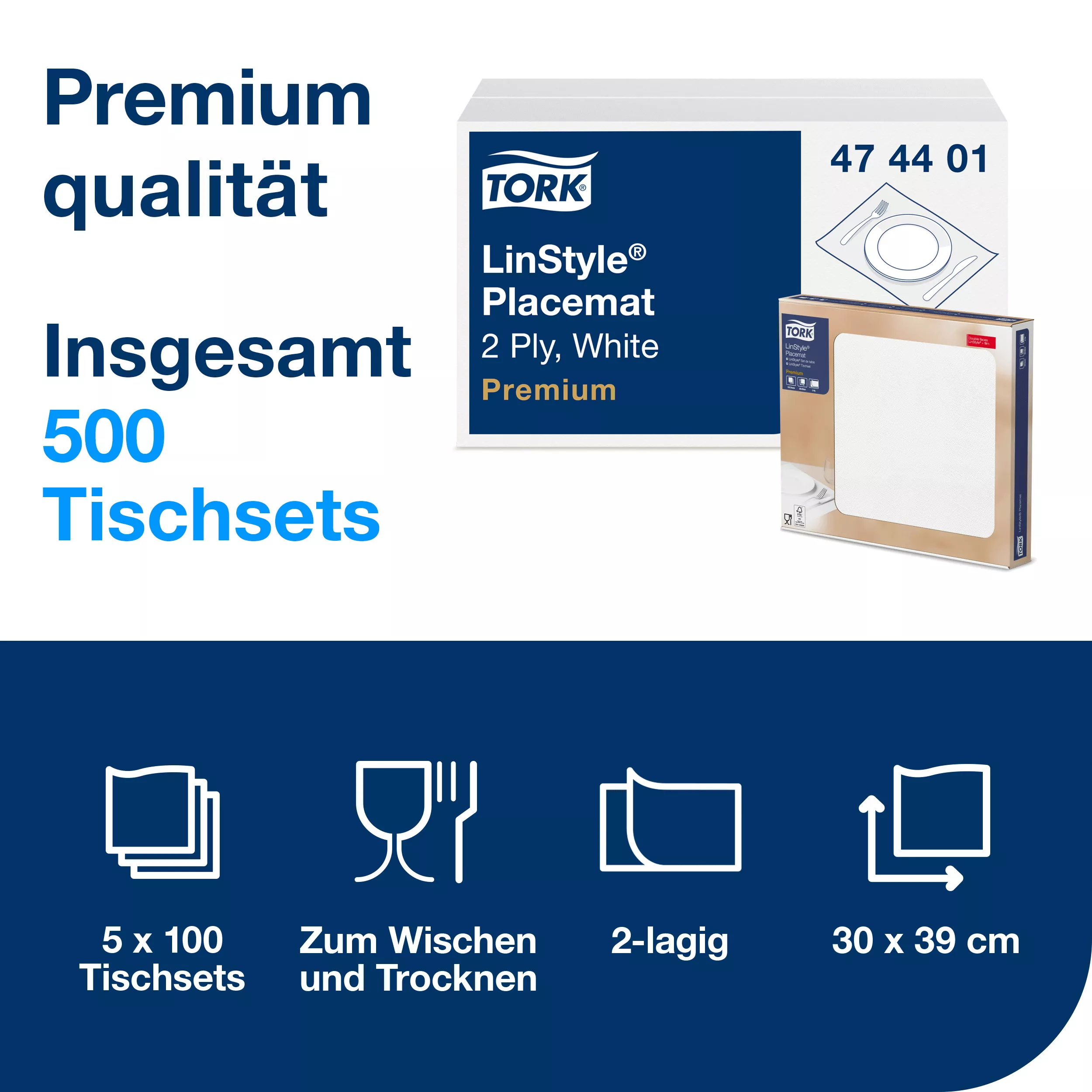 Tork LinStyle® Tischset Weiß, 39 cm × 30 cm, 5 × 100 Tischsets, 474401