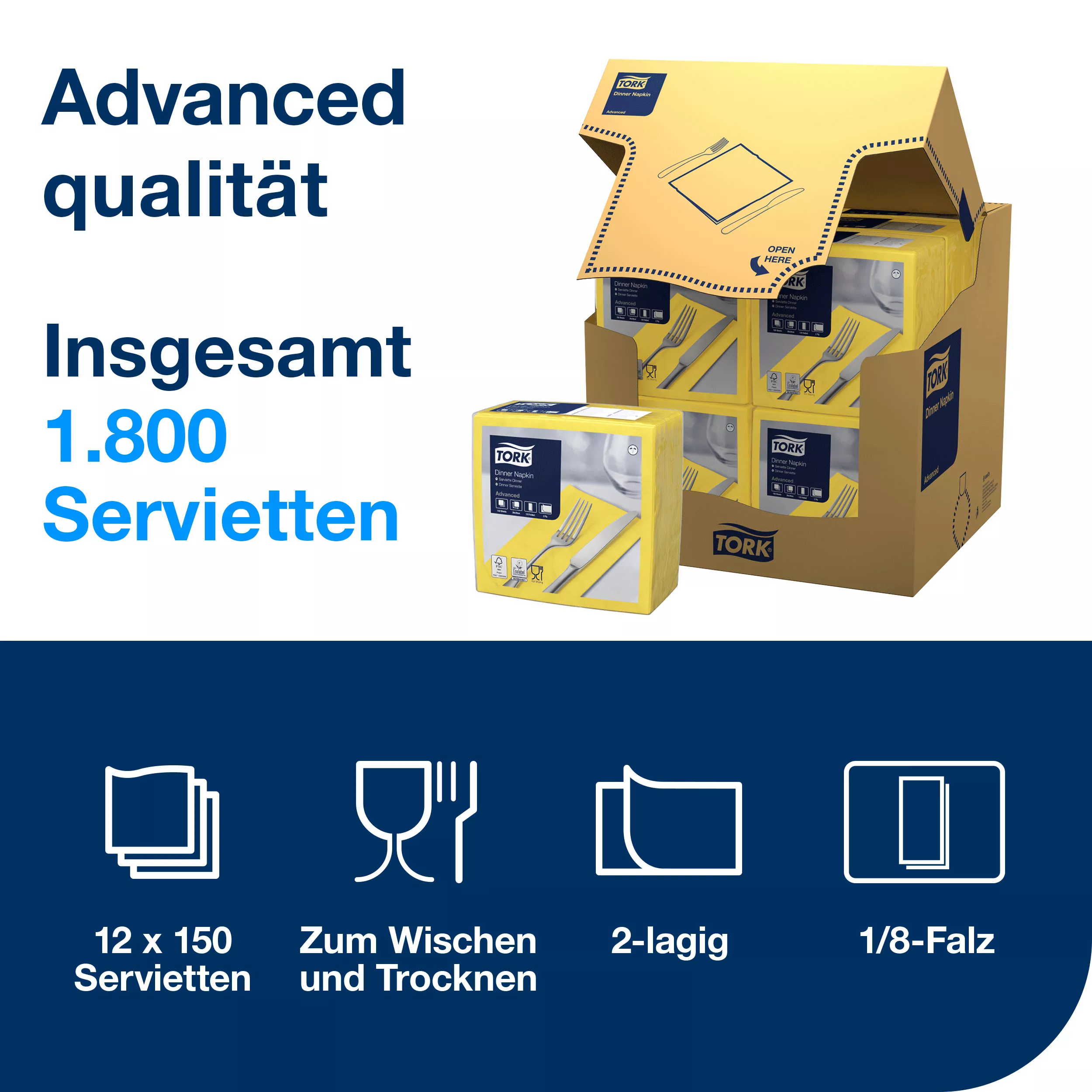 Tork Dinnerservietten Gelb, 1/8‑Falz, 2‑lagig, 39 cm × 39 cm, 12 × 150 Servietten, 470403