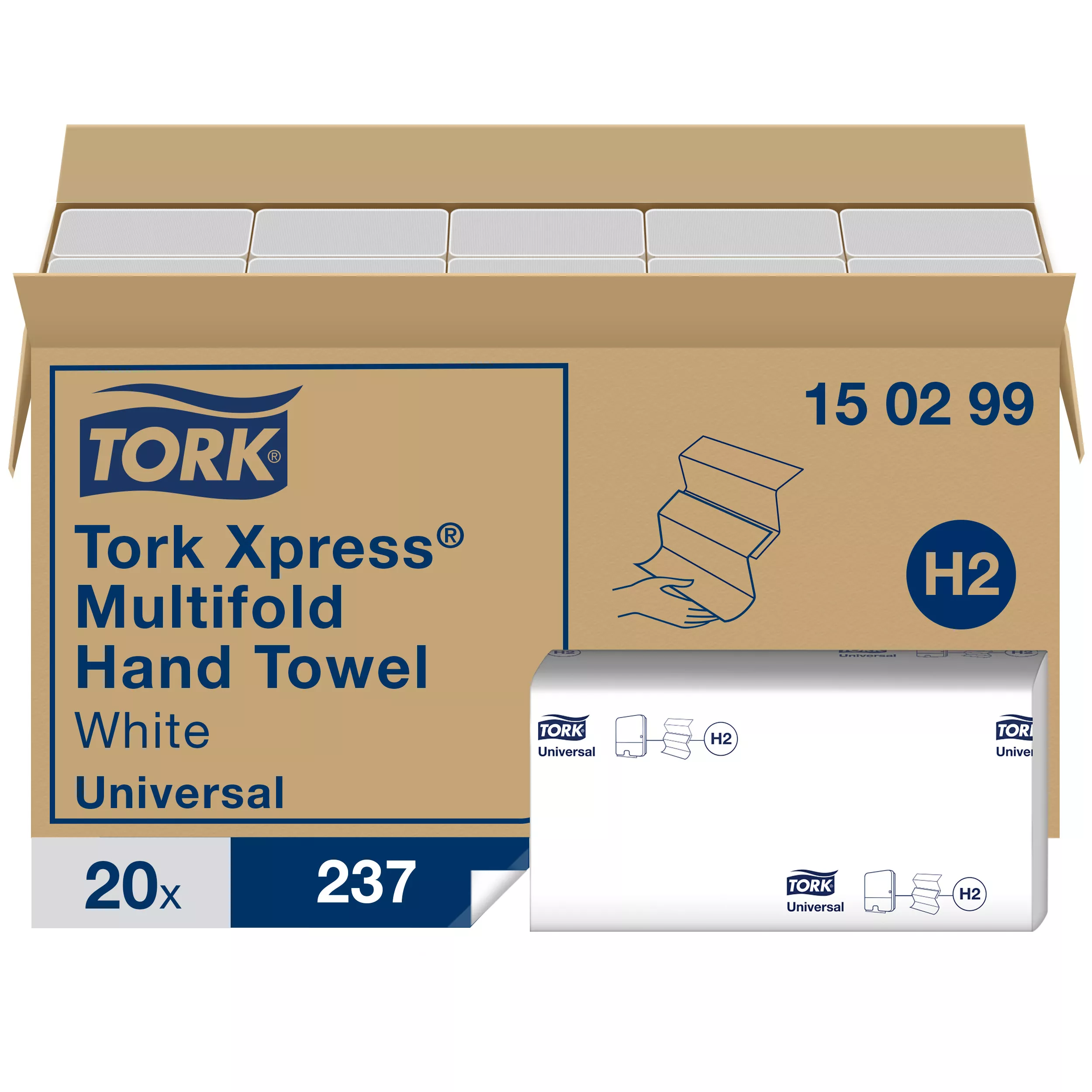 Tork Xpress® kosteneffiziente Multifold-Handtücher Weiß H2, Universal-Qualität, 2-lagig, Zickzackfalz, 100 % recycelte Fasern, 20 × 237 Tücher, 150299