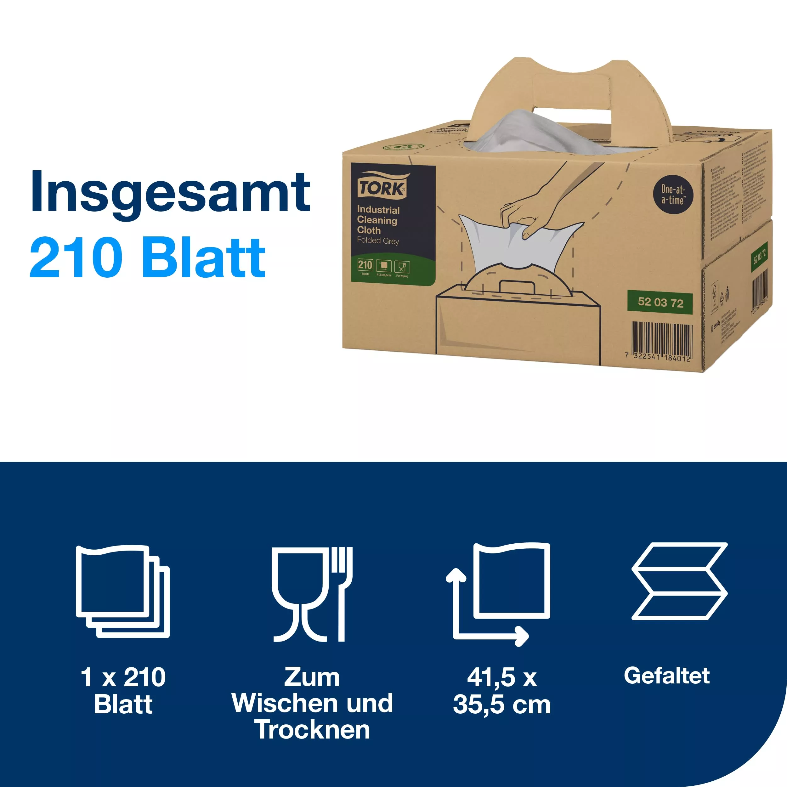 Tork Industrie Reinigungstücher Grau W7, Einzeltuchentnahme, 1 × 210 Tücher, 520372
