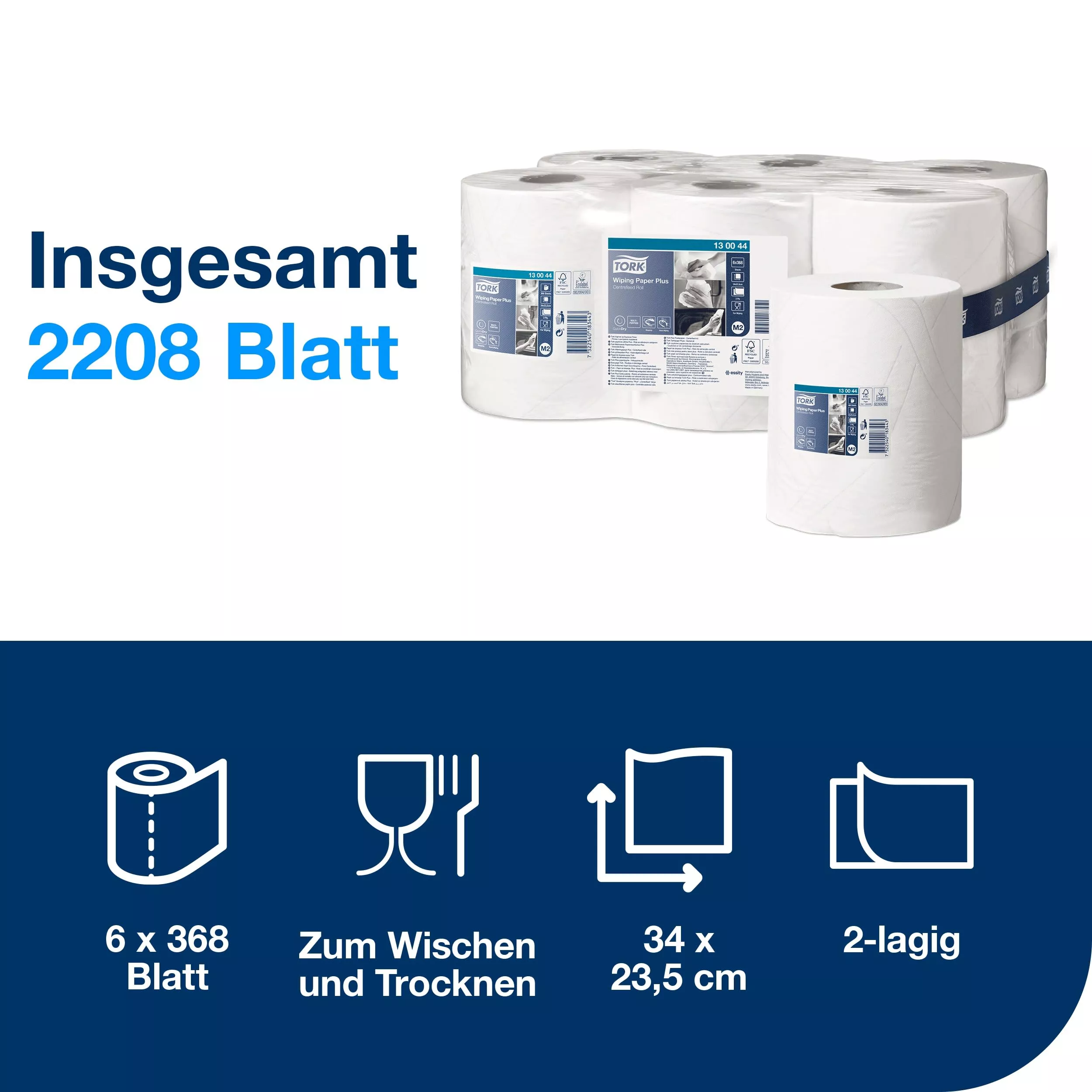 Tork Starke Mehrzweck-Papierwischtücher mit Innenabrollung Weiß M2, 6 × 368 Blatt, 130044