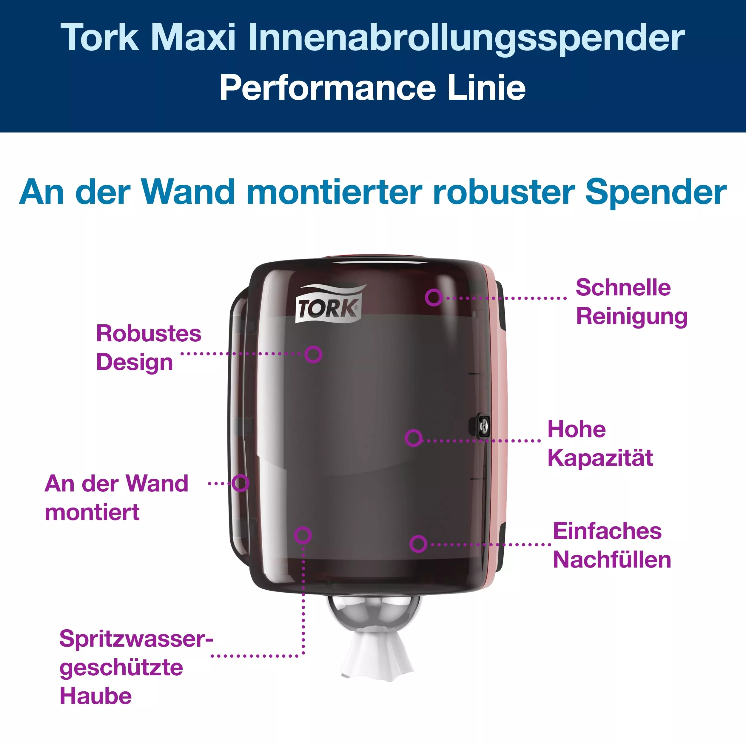 Tork Maxi Innenabrollungsspender Rot und Rauchgrau W2, Robustes Design, Performance Linie, 44,7 cm × 32,8 cm × 30,2 cm, 653008