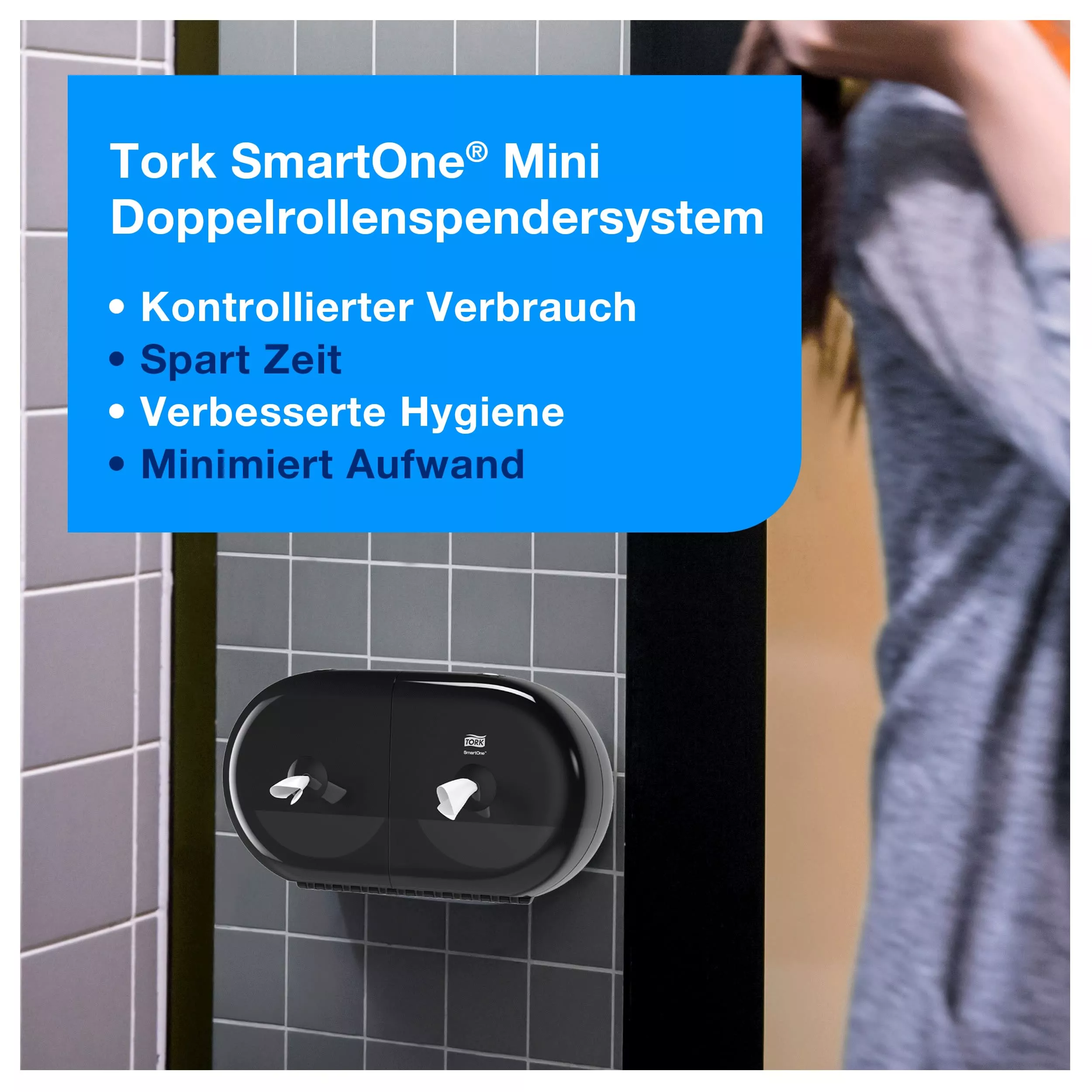 Tork SmartOne® Mini Doppelrollenspender für Toilettenpapier Schwarz T9, Hohe Kapazität, Elevation Linie, 682008