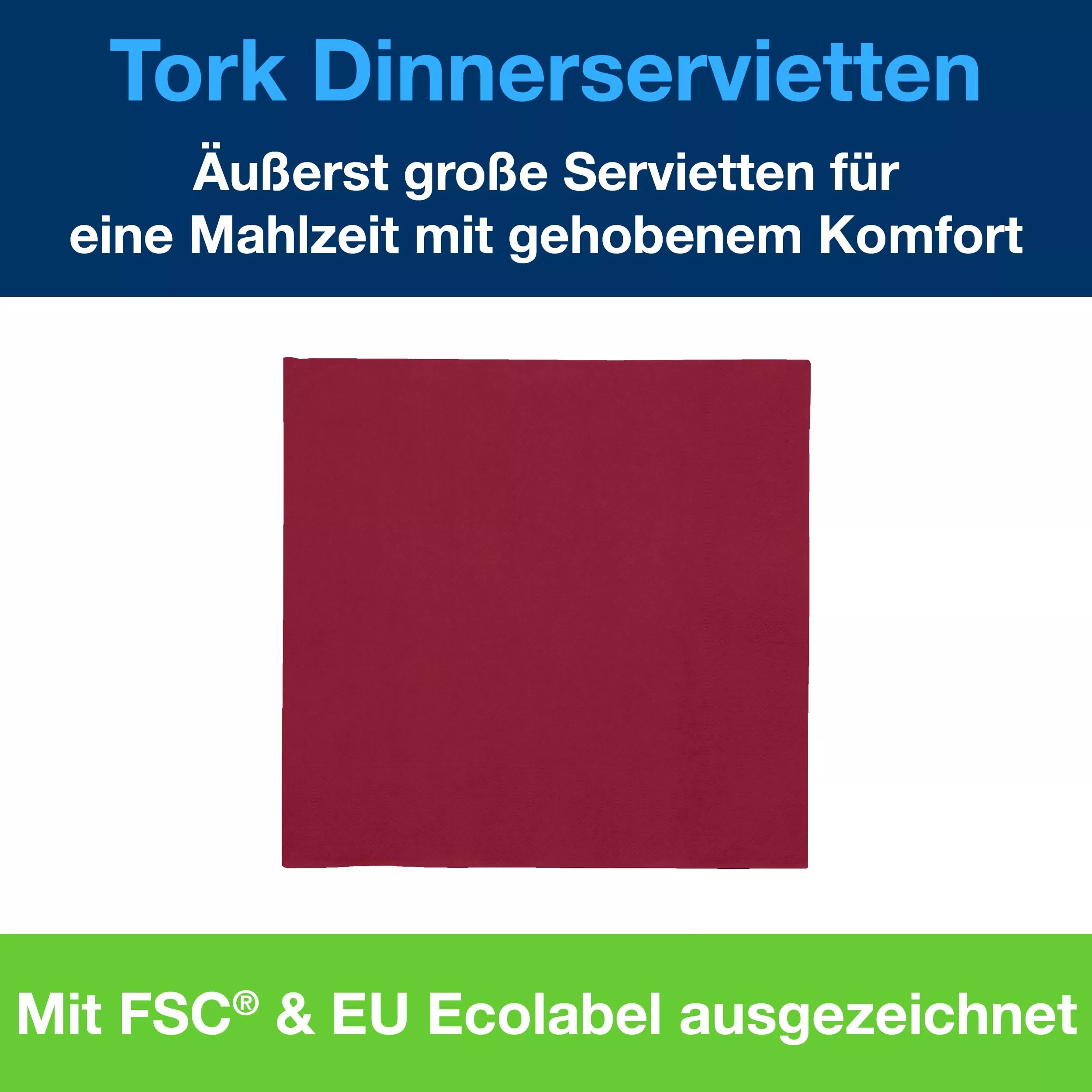 Tork Dinnerservietten Bordeauxrot, 1/4-Falz, 2‑lagig, 40 cm × 39 cm, 12 × 150 Servietten, 478875