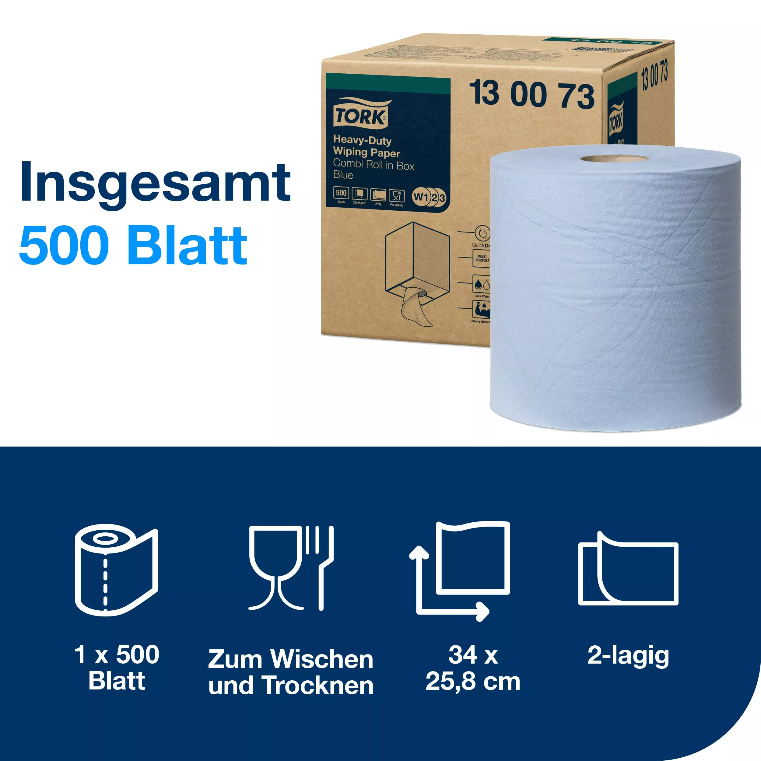 Tork Extra Starke Mehrzweck-Papierwischtücher Blau W1/2/3, Saugfähig, 1 × 500 Blatt, 130073