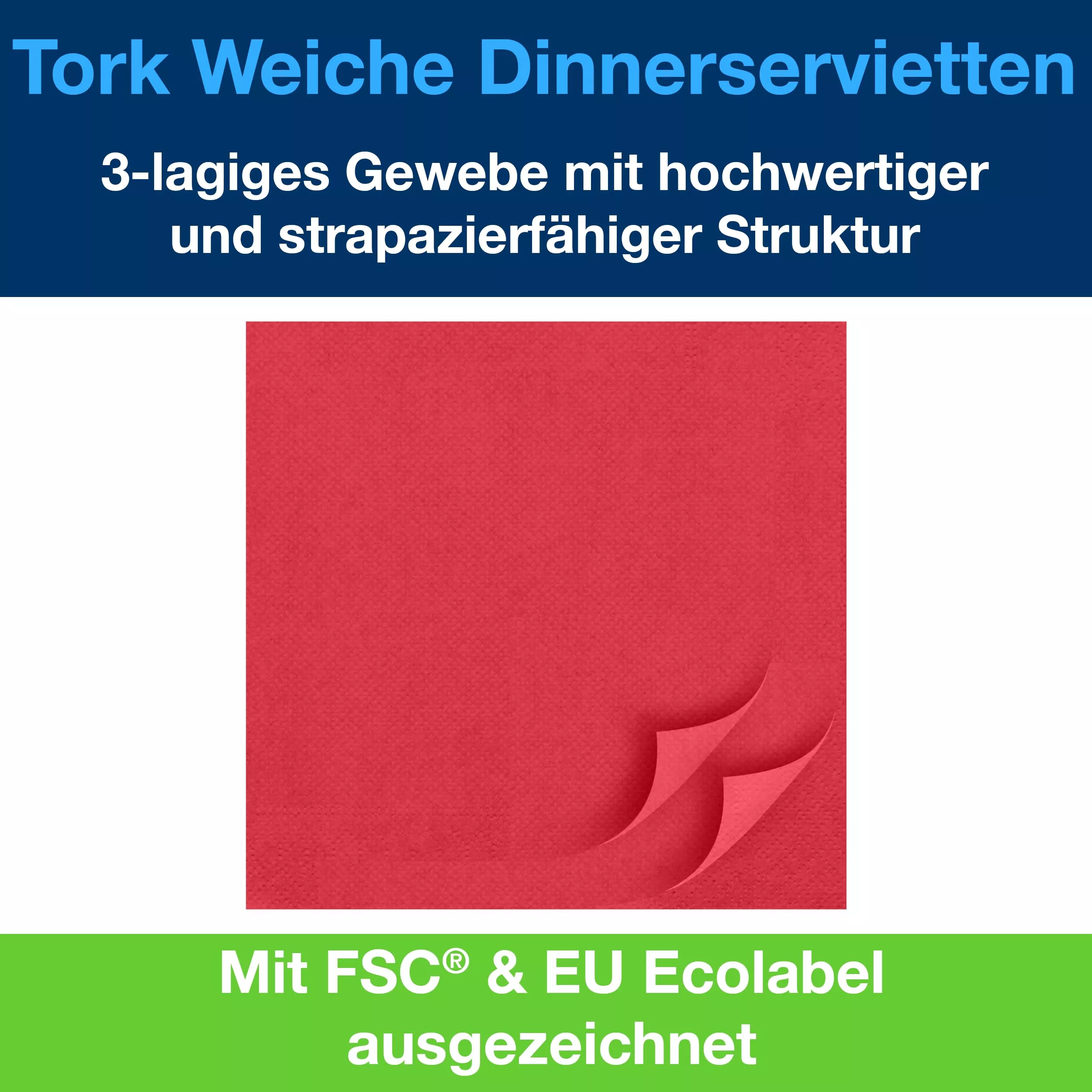 Tork Soft Dinnerservietten Rot, 1/8‑Falz, 3‑lagig, 39 cm × 39 cm, 12 × 100 Servietten, 477620