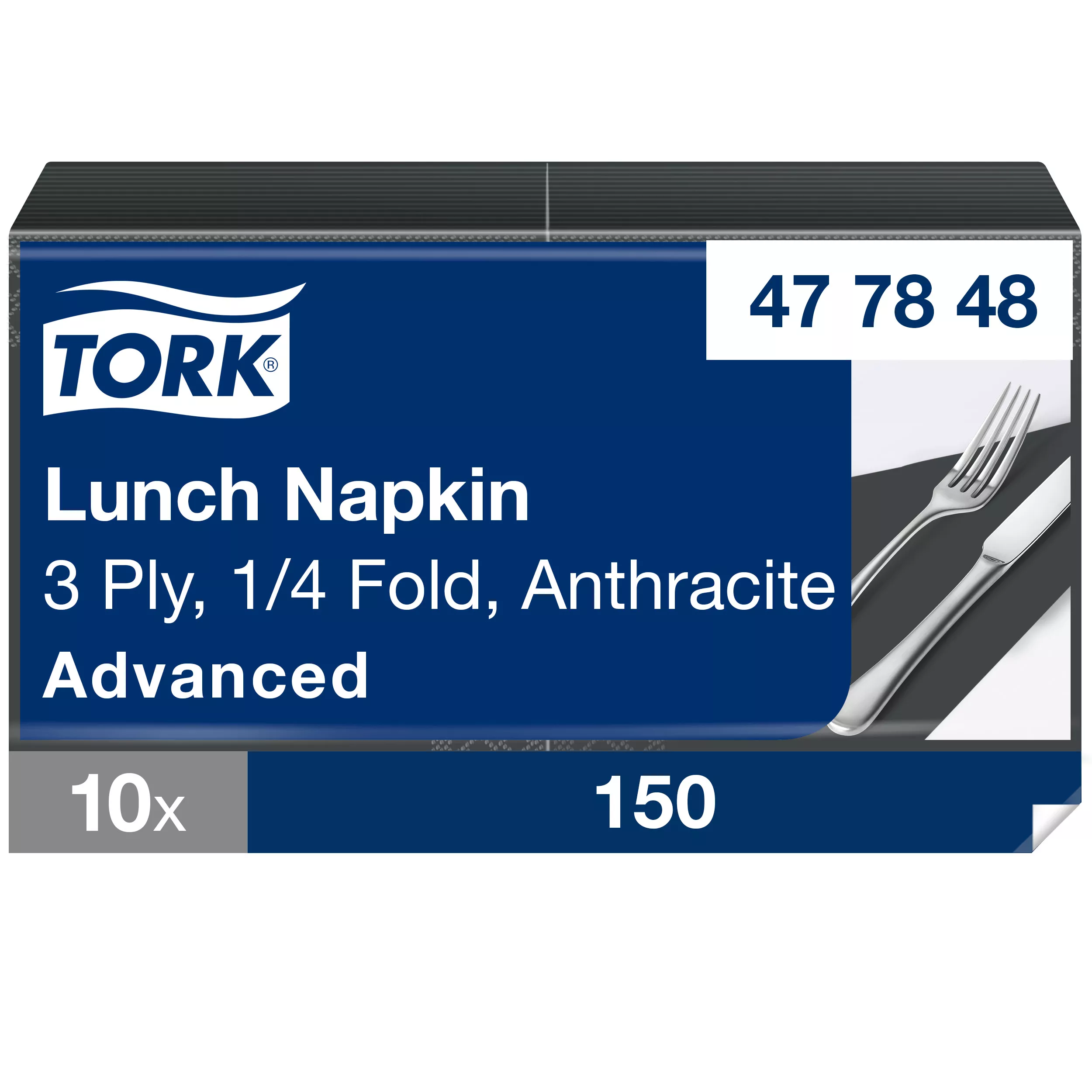 Tork Soft Lunchservietten Anthrazit, 1/4-Falz, 3-lagig, 33 cm × 33 cm, 10 × 150 Servietten, 477848