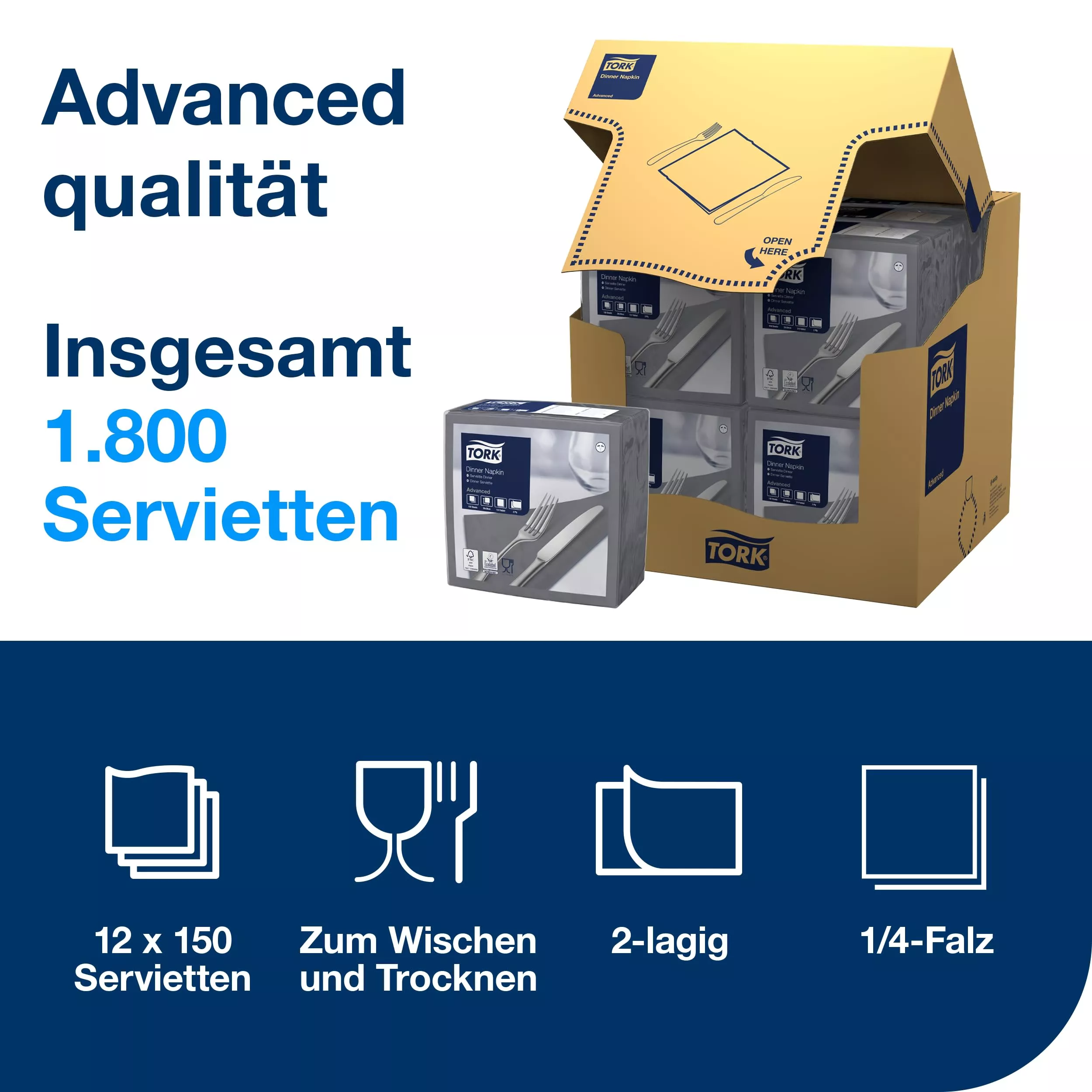 Tork Dinnerservietten Anthrazit, 1/4-Falz, 2‑lagig, 40 cm × 39 cm, 12 × 150 Servietten, 509403