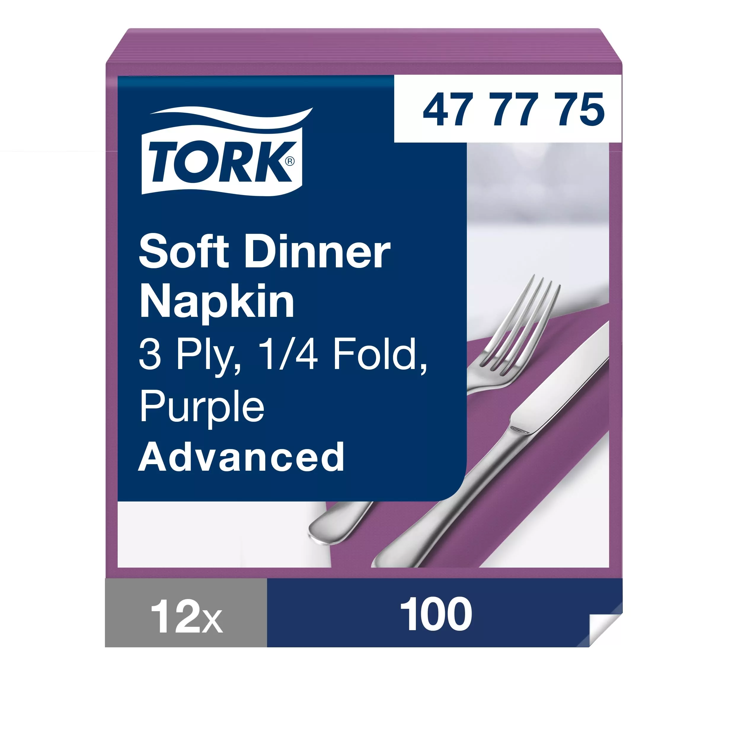 Tork Soft Dinnerservietten Violett, 1/4‑Falz, 3‑lagig, 40 cm × 39 cm, 12 × 100 Servietten, 477775