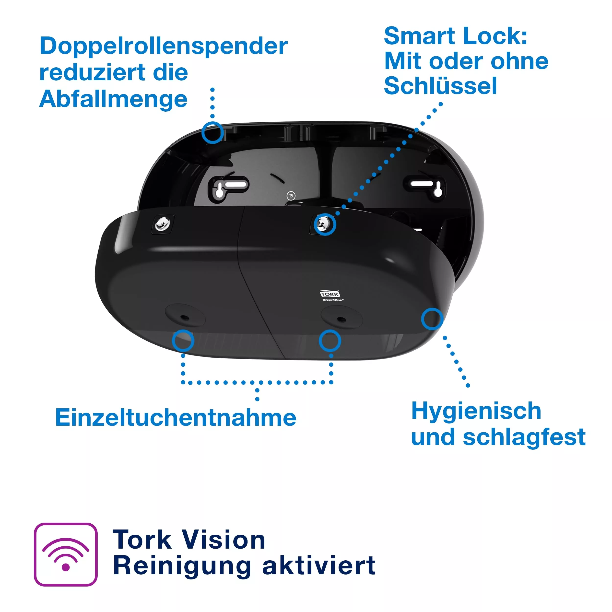 Tork SmartOne® Mini Doppelrollenspender für Toilettenpapier Schwarz T9, Hohe Kapazität, Elevation Linie, 682008