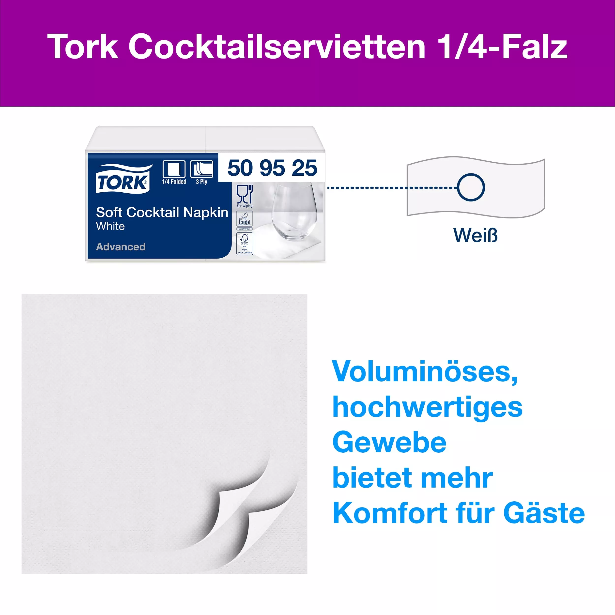 Tork Cocktailservietten Weiß, 1/4-Falz, 2-lagig, 24 cm × 24 cm, 12 × 200 Servietten, 509525
