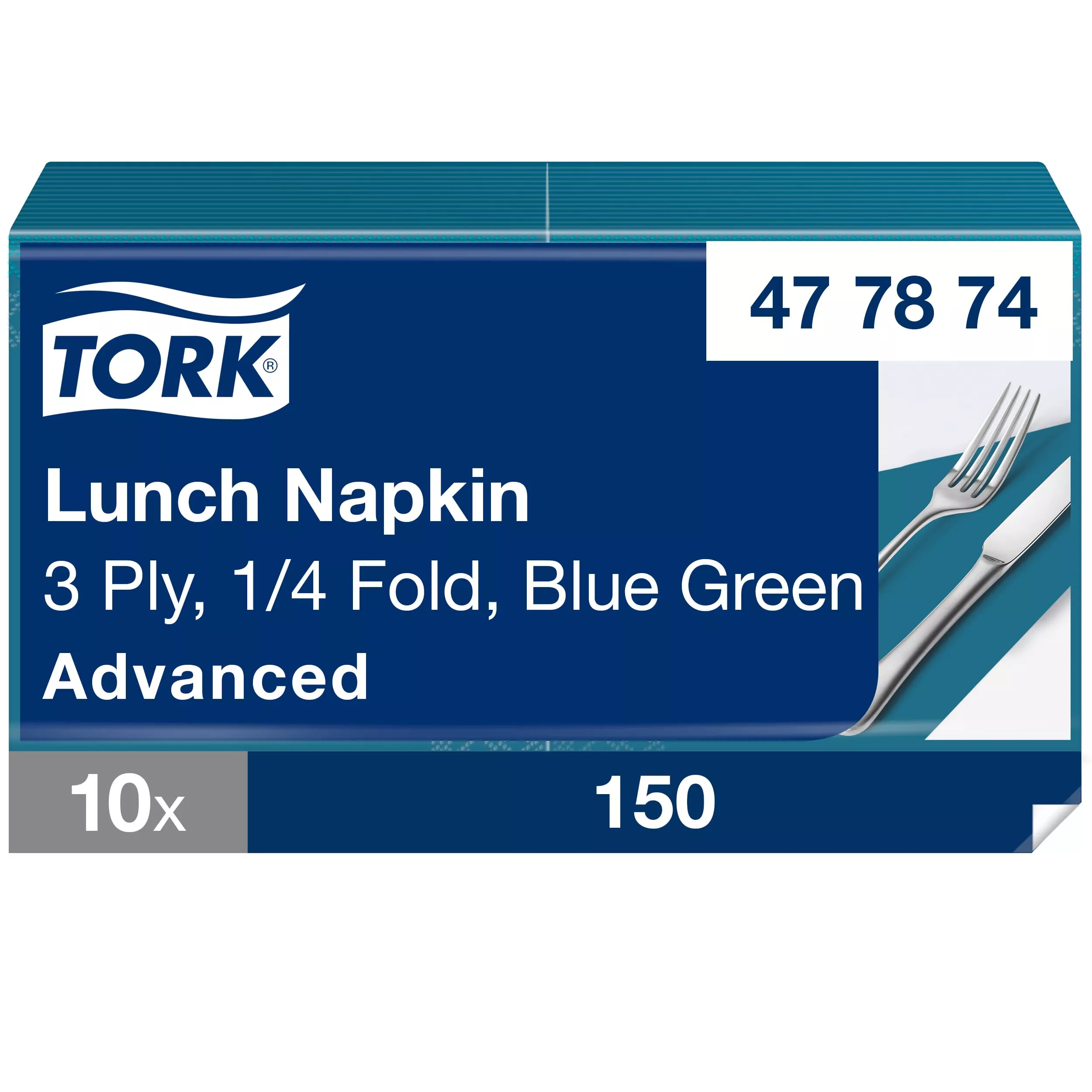 Tork Lunchserviette Blaugrün, 1/4-Falz, 3-lagig, 33 cm × 33 cm, 10 × 150 Servietten, 477874