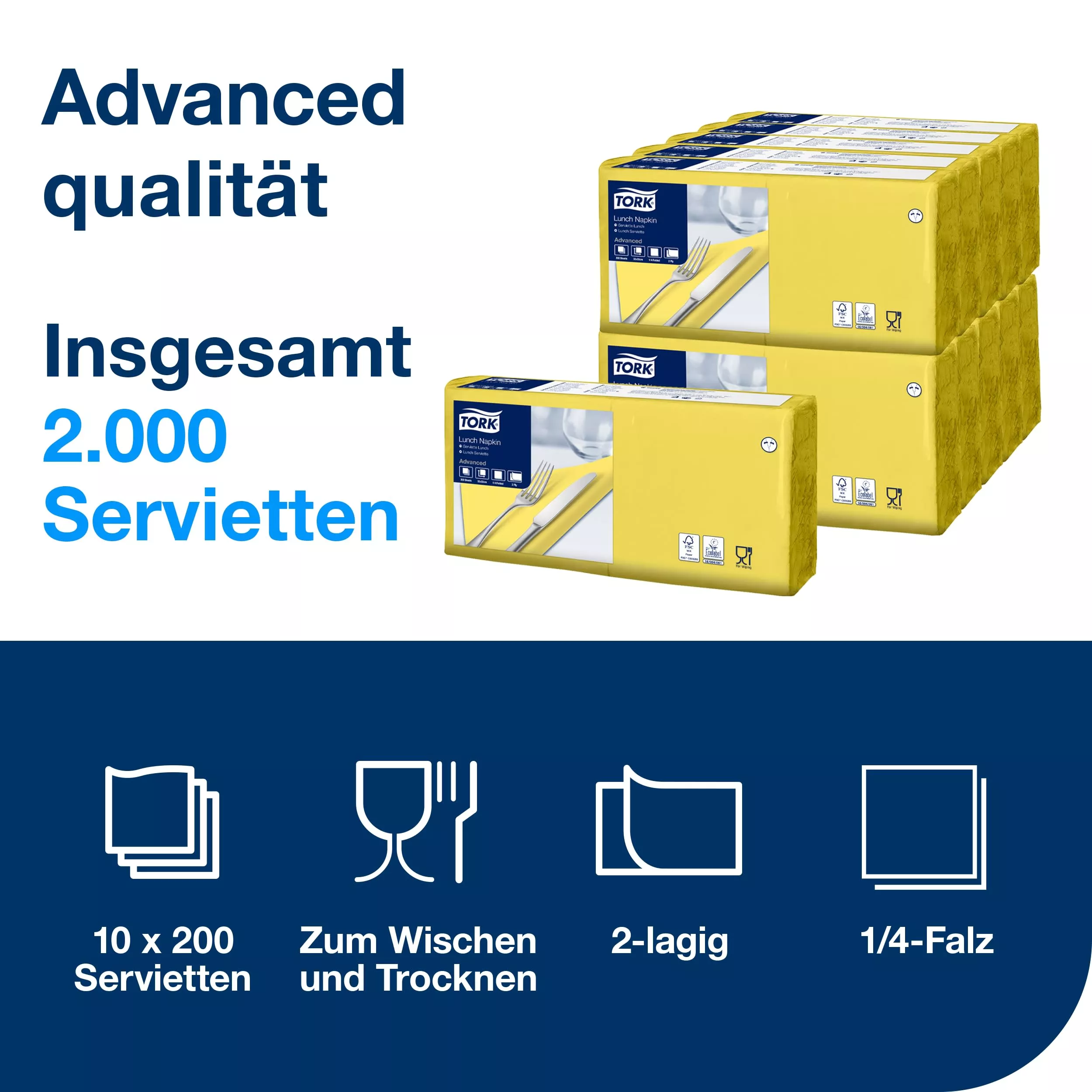 Tork Lunchserviette Gelb, 1/4-Falz, 2-lagig, 33 cm × 33 cm, 10 × 200 Servietten, 477841