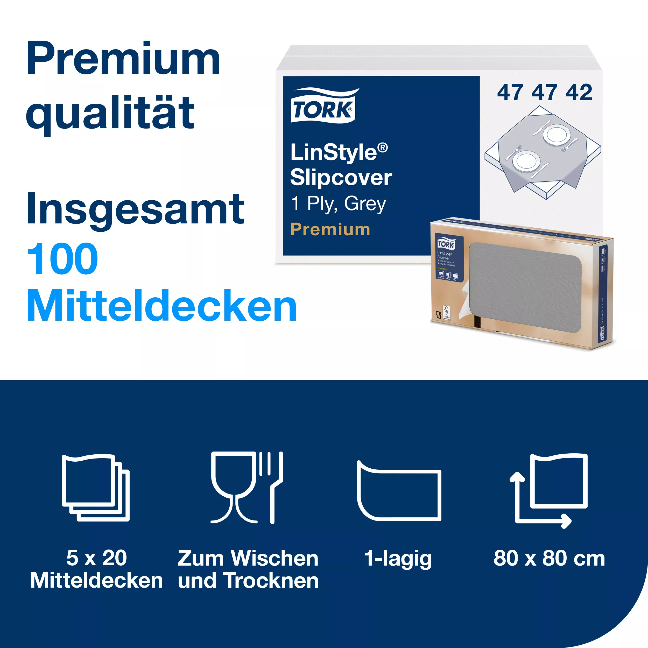 Tork LinStyle® Mitteldecke Grau, robust, 1-lagig, 80 cm × 80 cm, 5 × 20 Mitteldecken, 474742