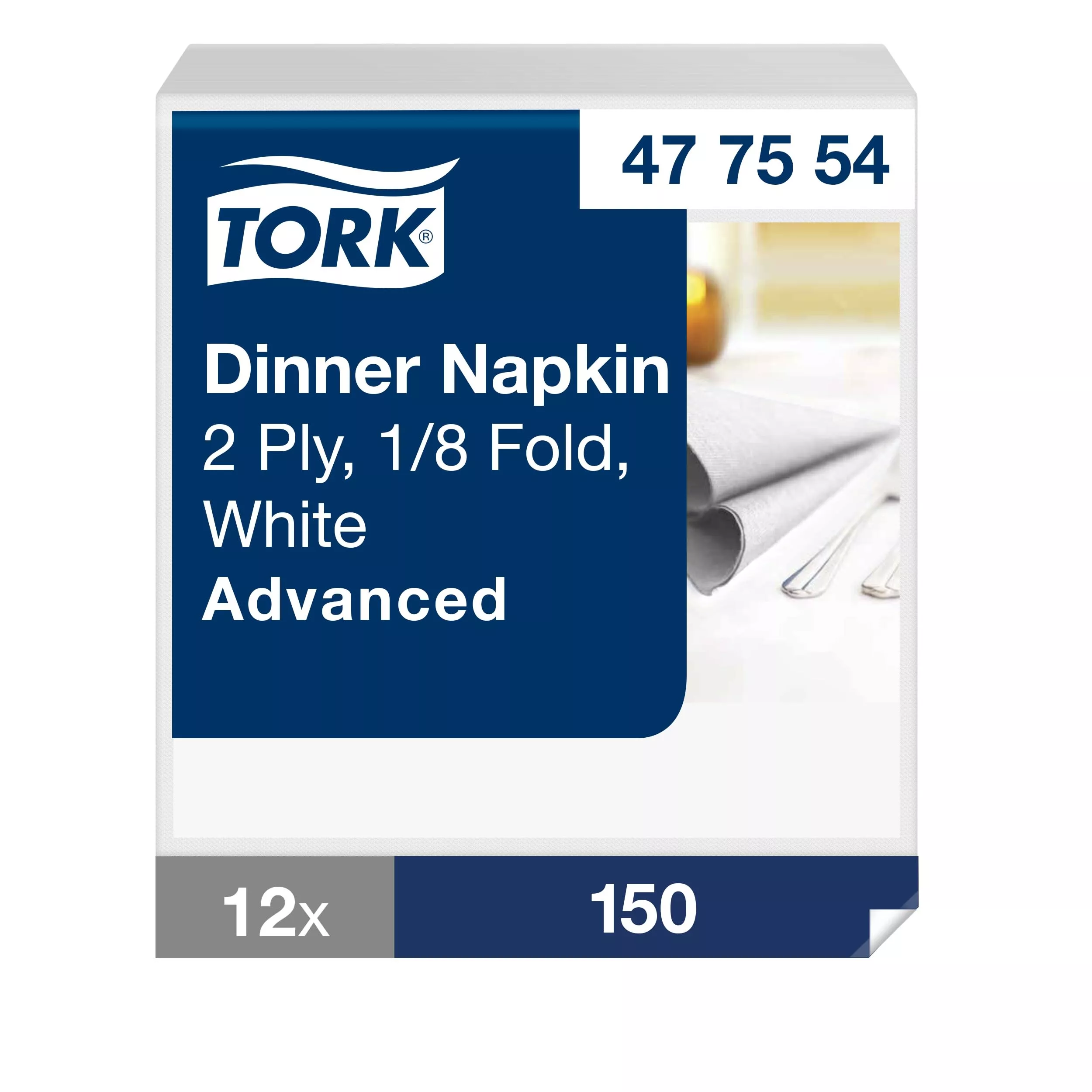 Tork Dinnerservietten Weiß, 1/8‑Falz, 2‑lagig, 39 cm × 39 cm, 12 × 150 Servietten, 477554
