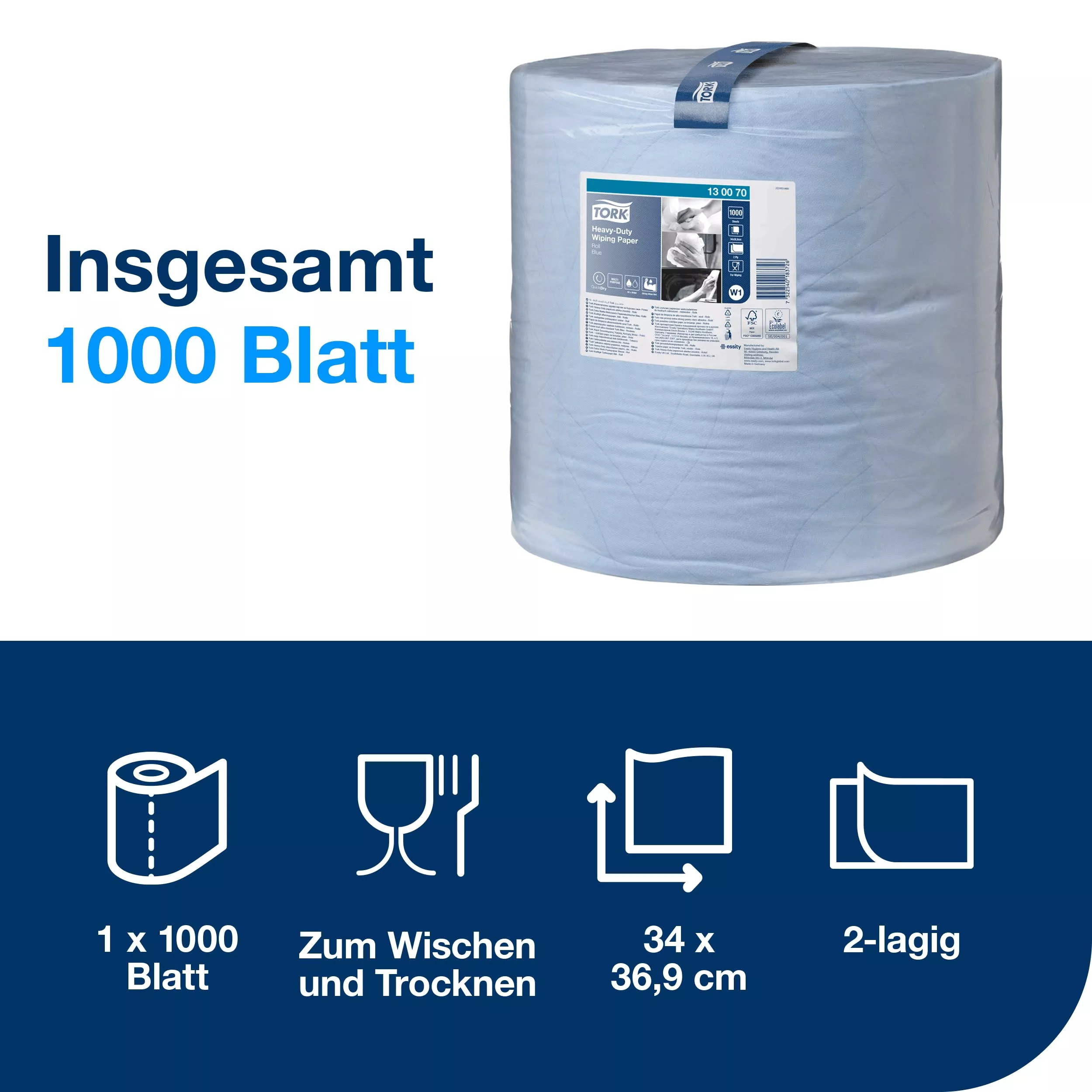 Tork Extra Starke Mehrzweck-Papierwischtücher Blau W1, 1 × 1.000 Blatt, 130070