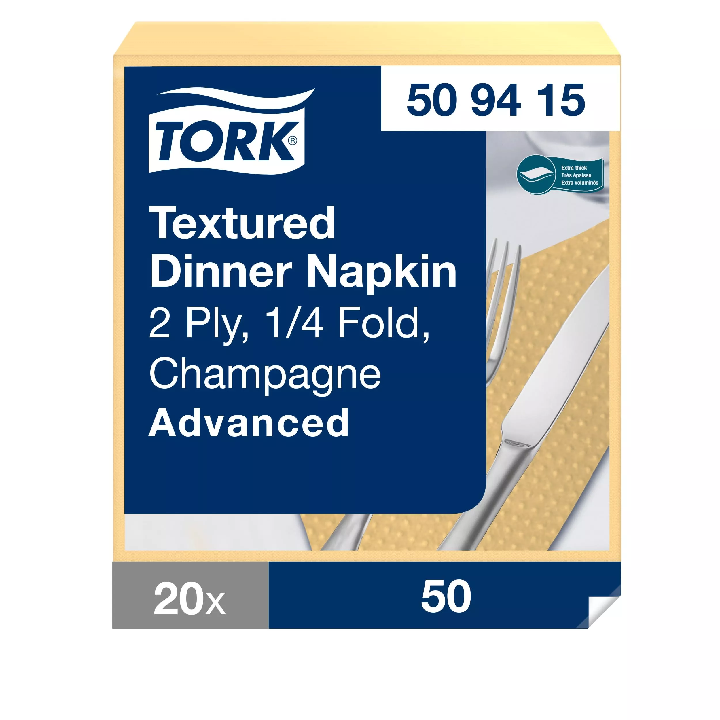 Tork Textured Dinnerservietten Champagner, 1/4‑Falz, 2‑lagig, 38 cm × 39 cm, 20 × 50 Servietten, 509415