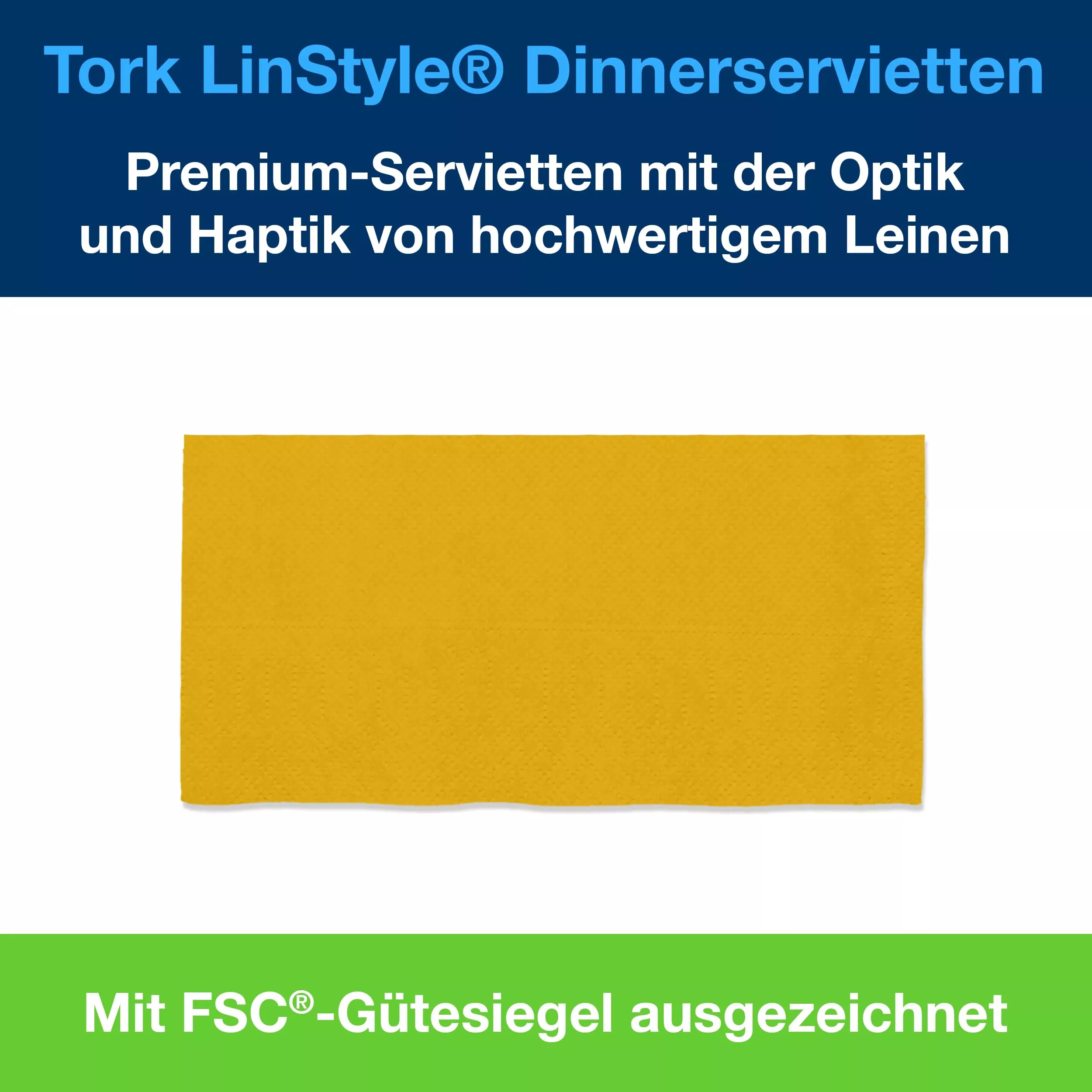 Tork LinStyle® Dinnerservietten Senf, 1/8‑Falz, 40 cm × 39 cm, 12 × 50 Servietten, 478161