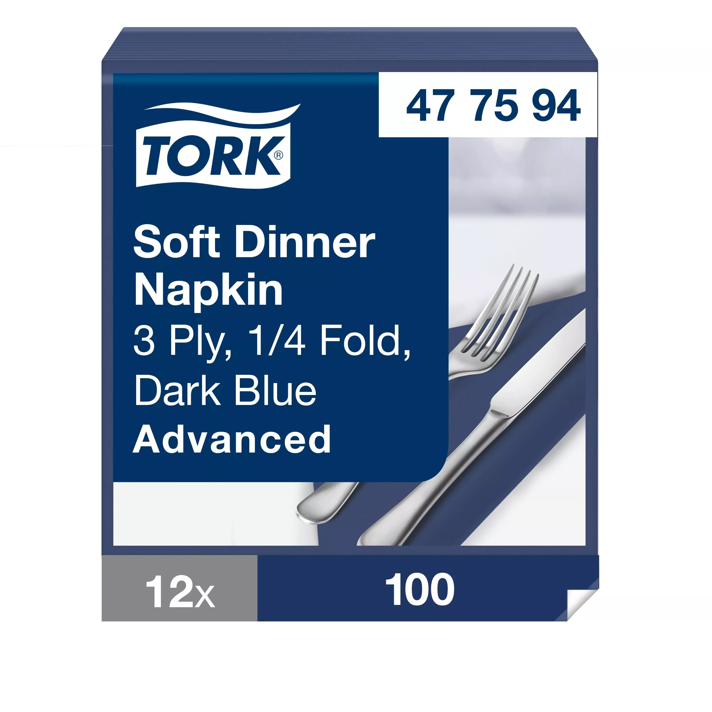 Tork Soft Dinnerservietten Dunkelblau, 1/4‑Falz, 3‑lagig, 40 cm × 39 cm, 12 × 100 Servietten, 477594