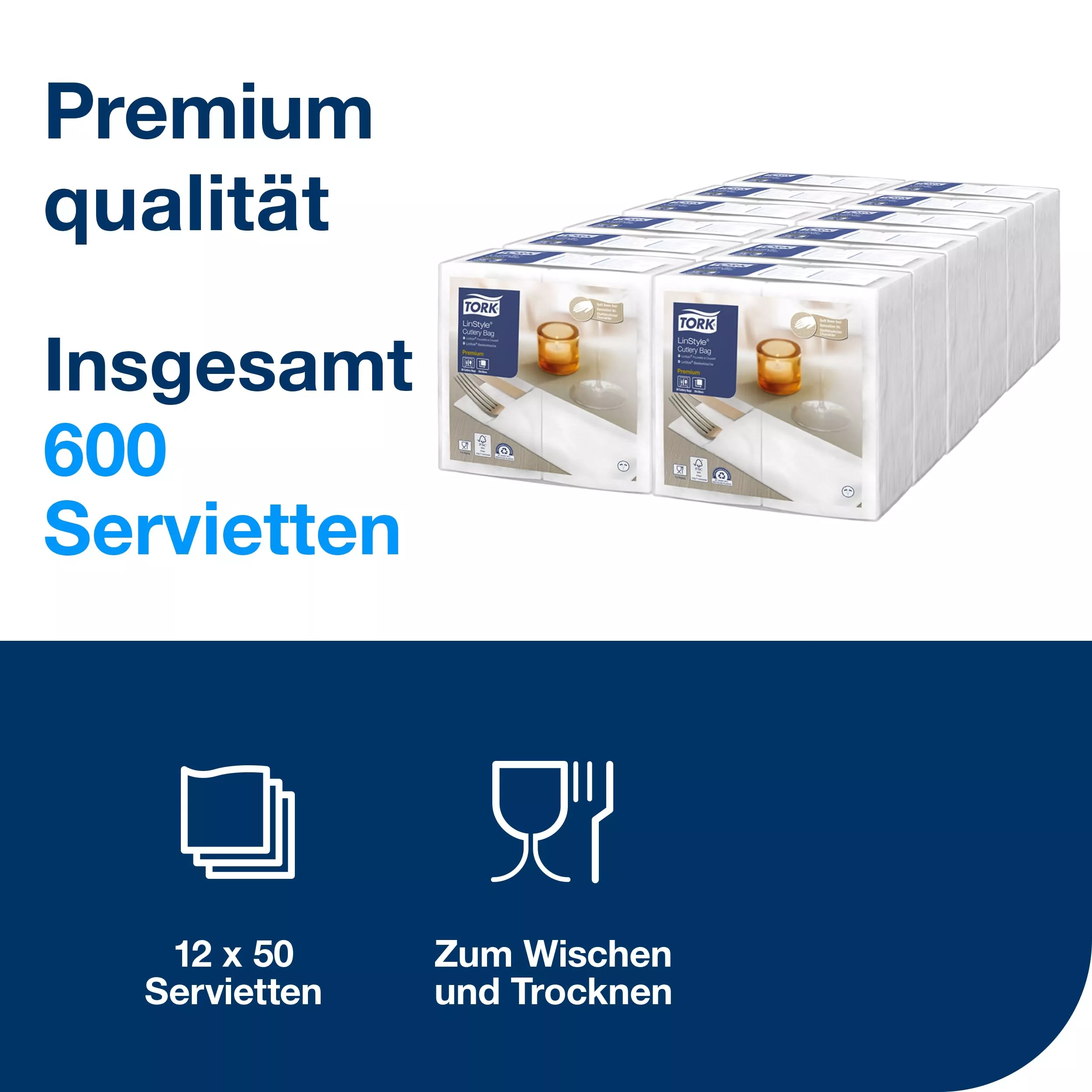 Tork LinStyle® Bestecktaschen Weiß, strapazierfähig, 39 cm × 39 cm, 12 × 50 Servietten, 509600