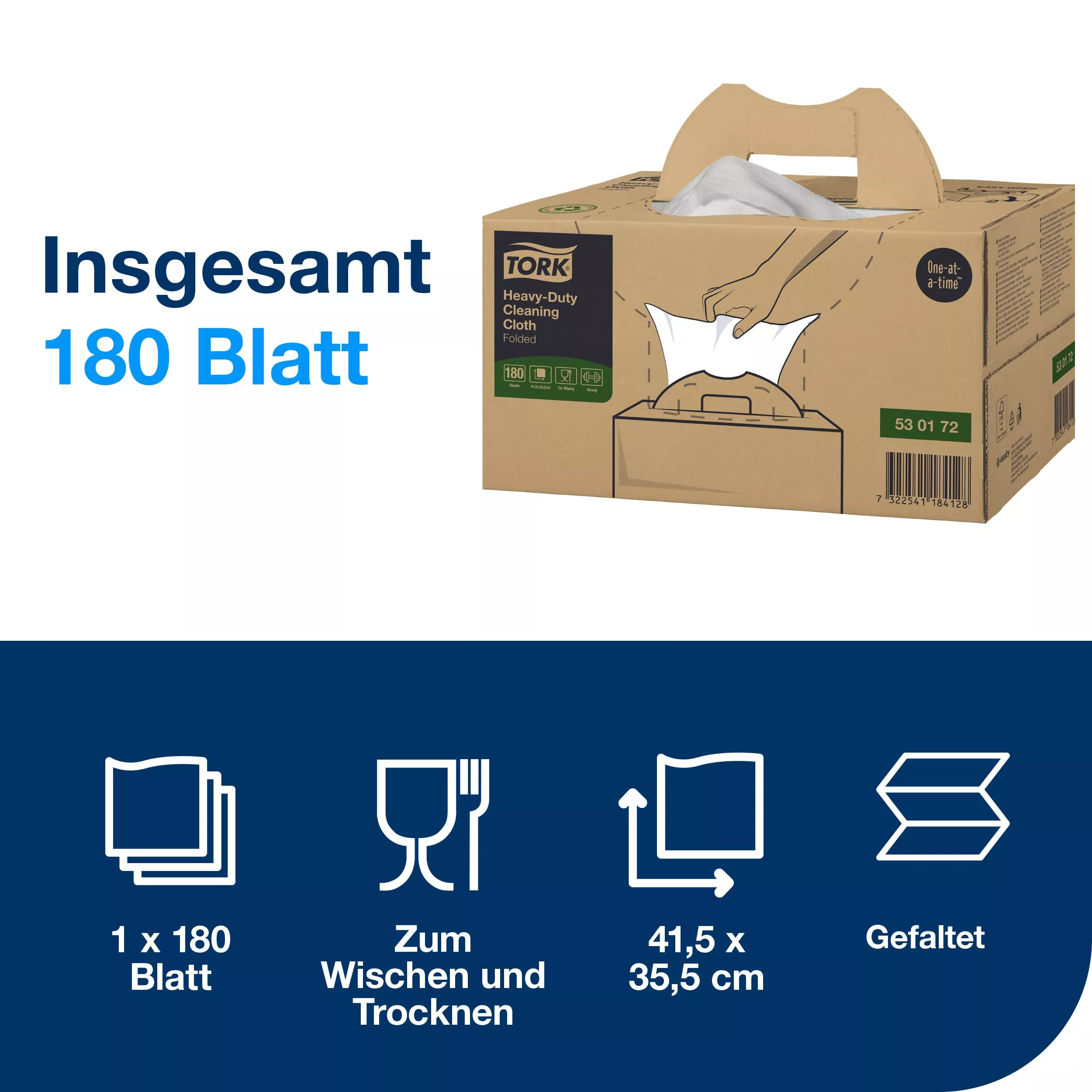 Tork Extra Starke Reinigungstücher Weiß W7, Einzeltuchentnahme, 1 × 180 Tücher, 530172