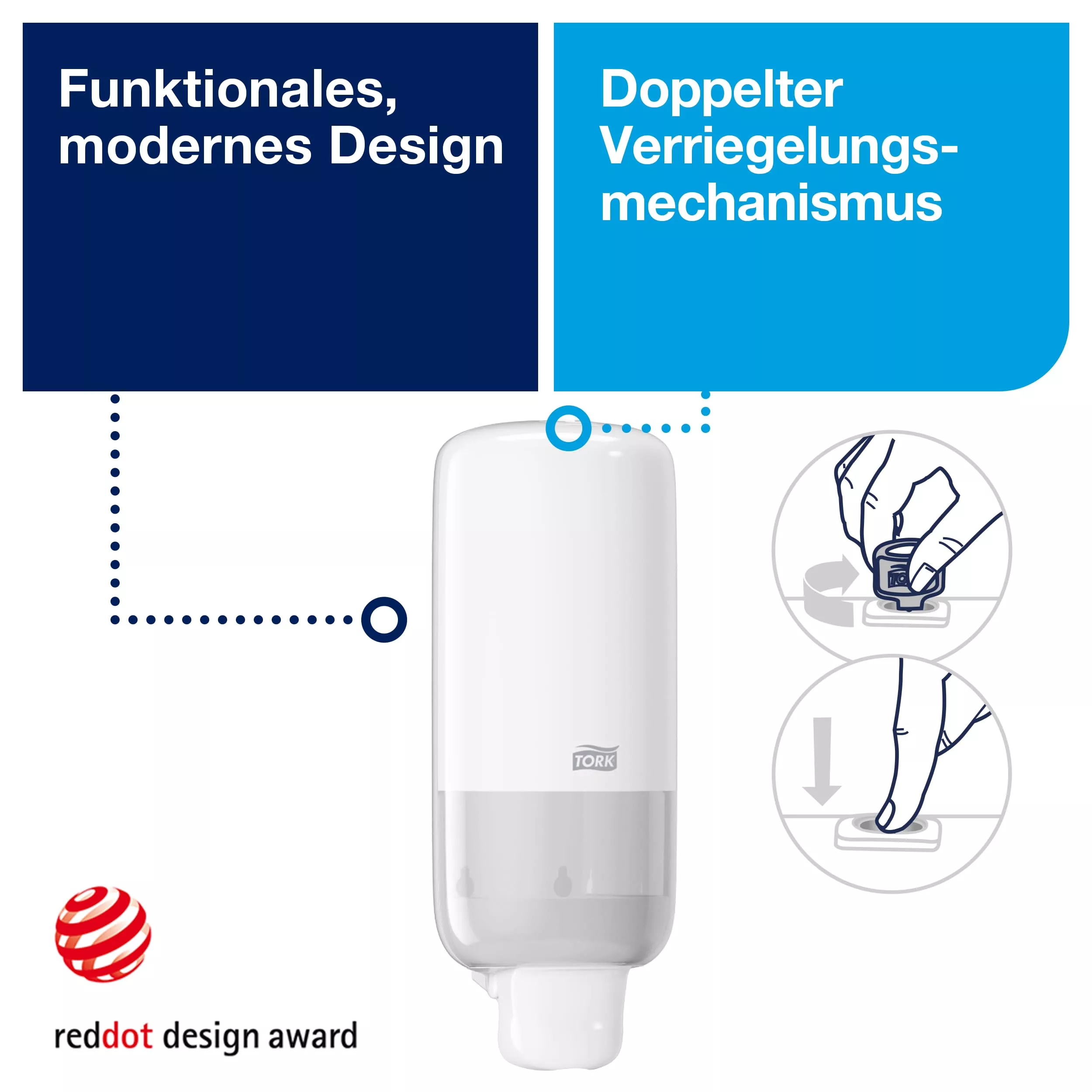 Tork Spender für Seife und Hautpflegeprodukte Weiß S4, „Easy to use“-zertifiziert, Elevation Design, 561500