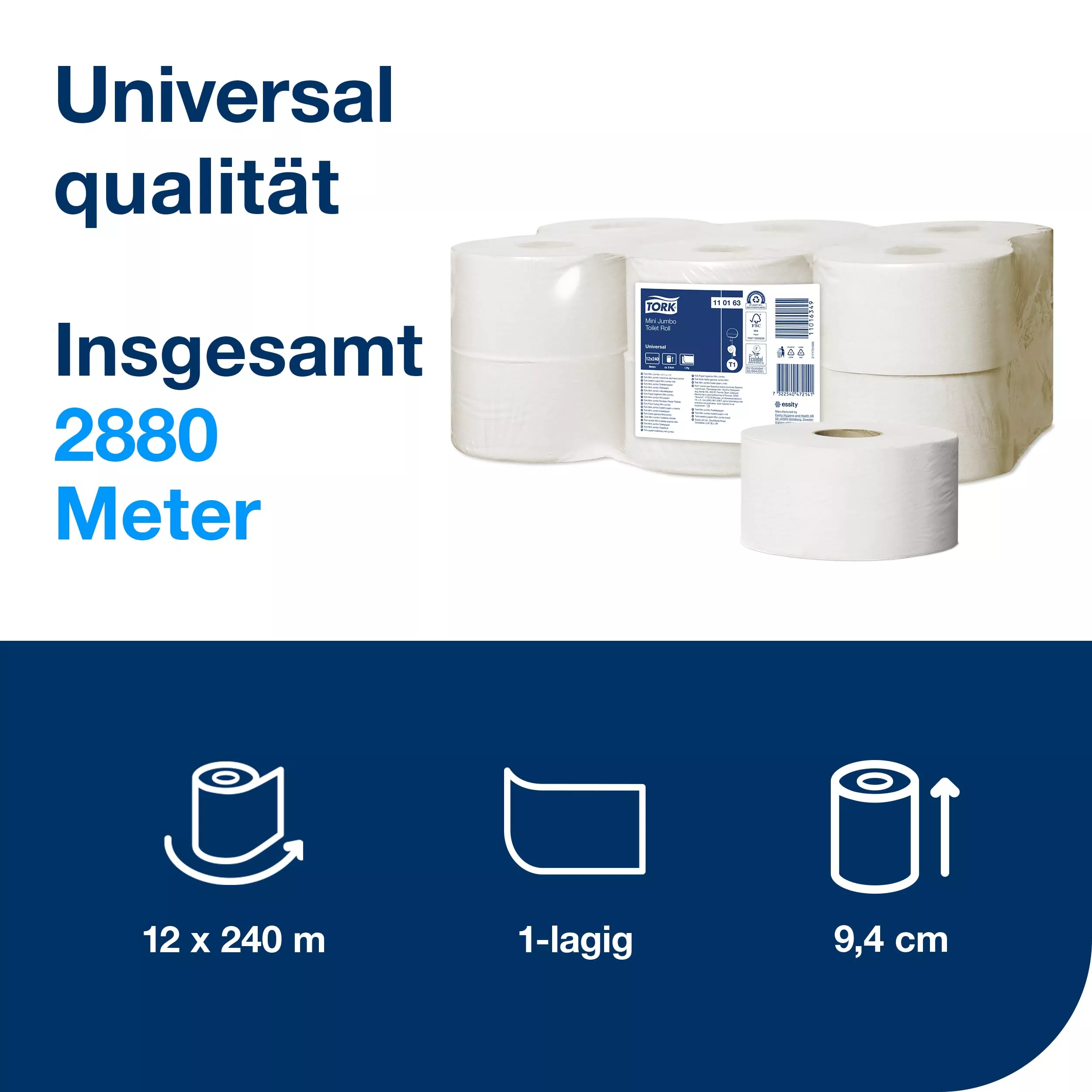 Tork Mini Jumbo Toilettenpapier Weiß T2, Universal, 1-lagig, 12 × 240 Meter, 110163