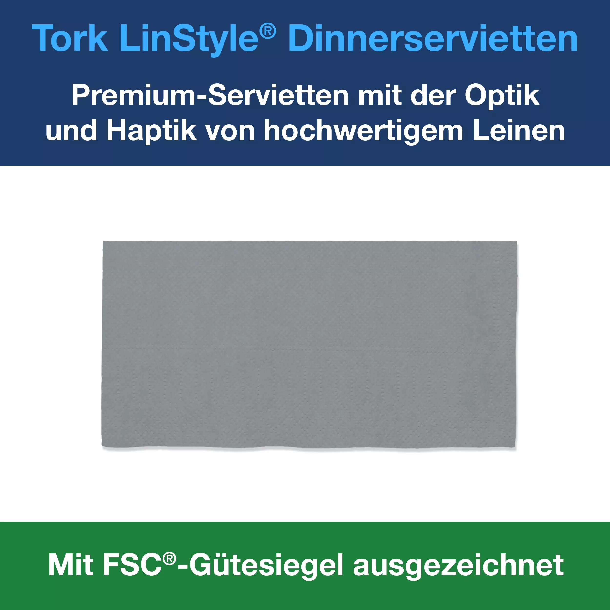 Tork LinStyle® Dinnerservietten Grau, 1/8‑Falz, 40 cm × 39 cm, 12 × 50 Servietten, 478168