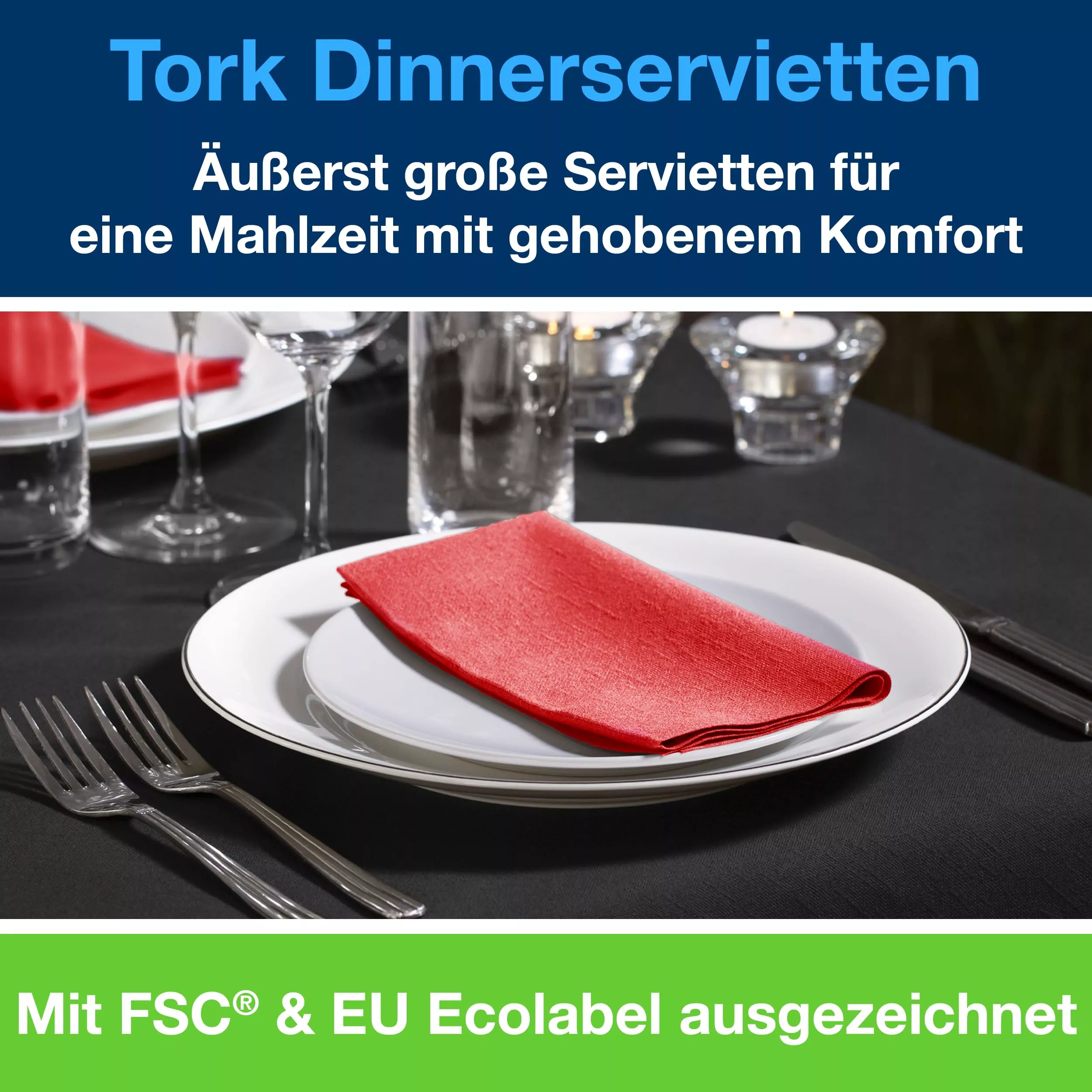 Tork Dinnerservietten Rot, 1/8‑Falz, 2‑lagig, 39 cm × 39 cm, 12 × 150 Servietten, 477609