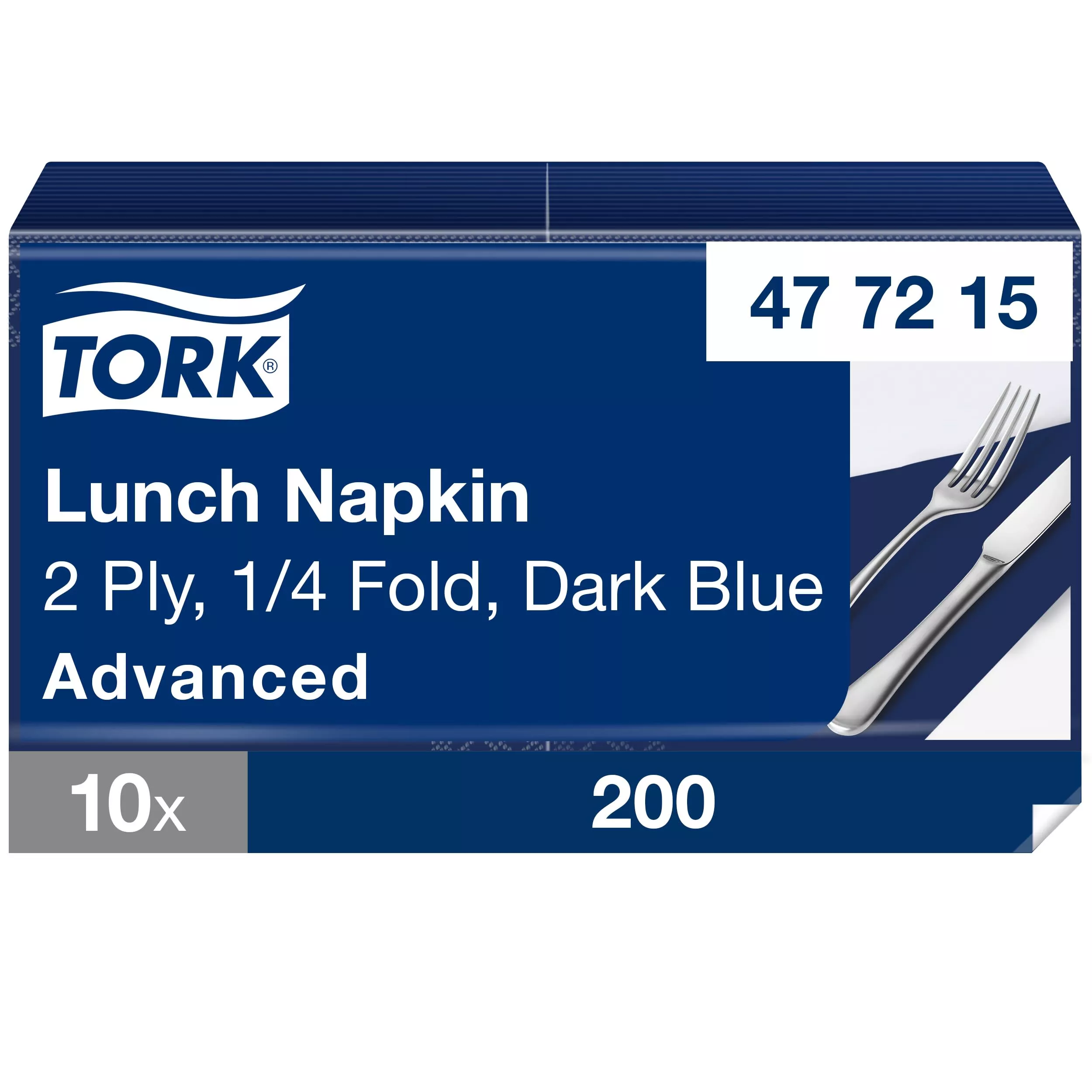 Tork Lunchserviette Dunkelblau, 1/4-Falz, 2-lagig, 33 cm × 33 cm, 10 × 200 Servietten, 477215