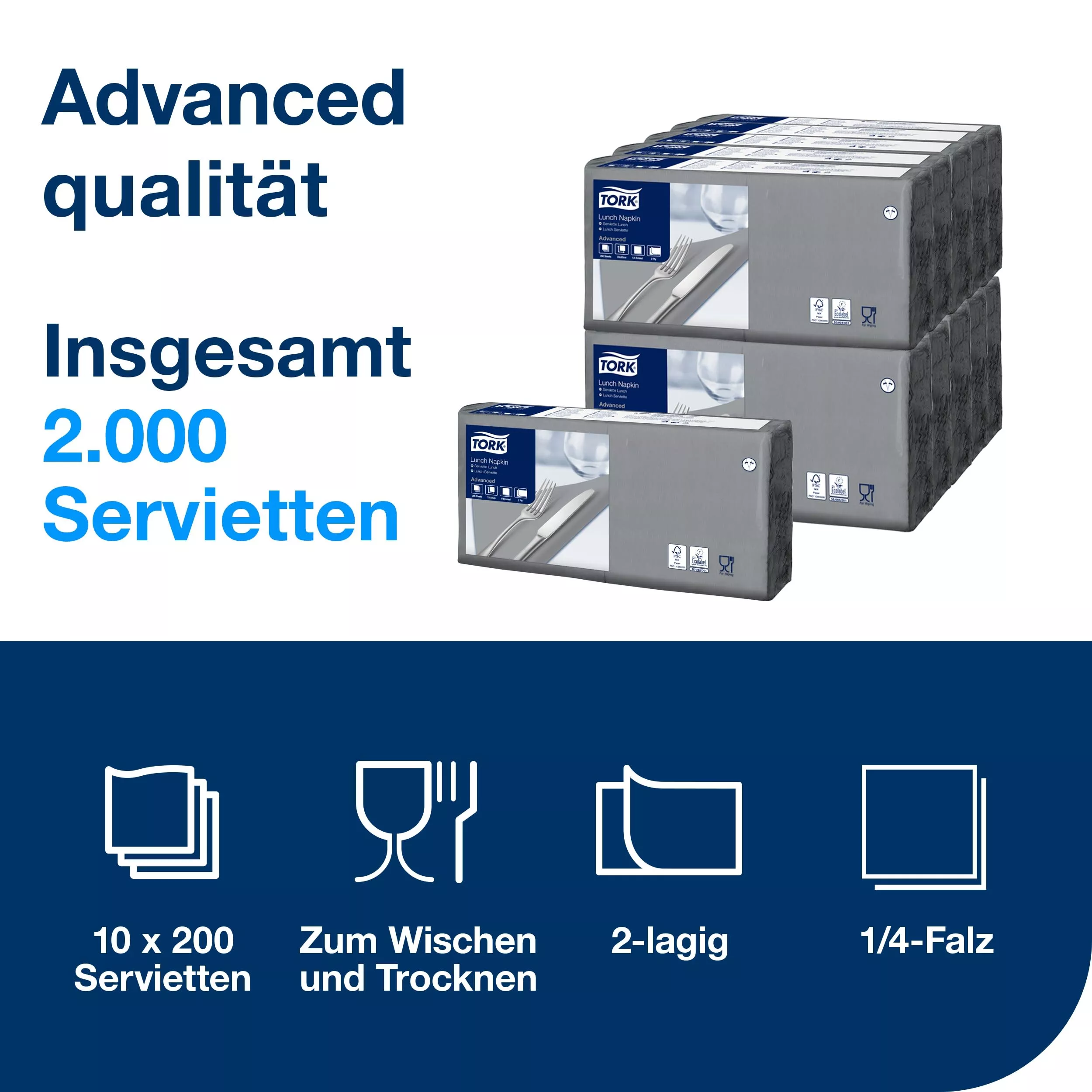 Tork Soft Lunchserviette Grau, 1/4-Falz, 2-lagig, 33 cm × 33 cm, 10 × 200 Servietten, 477205