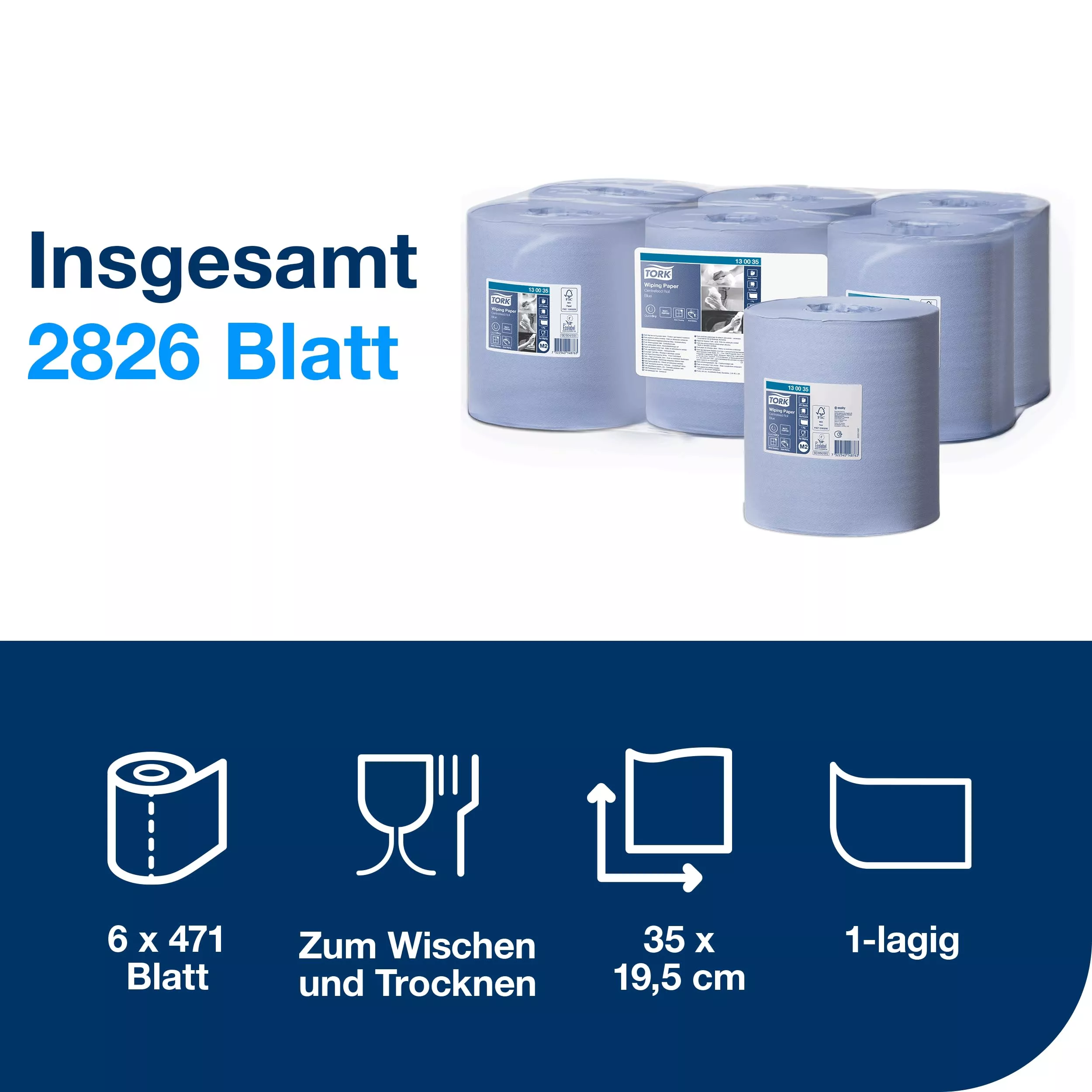 Tork Papierwischtücher mit Innenabrollung Blau M2, Saugfähig, 6 × 471 Blatt, 130035