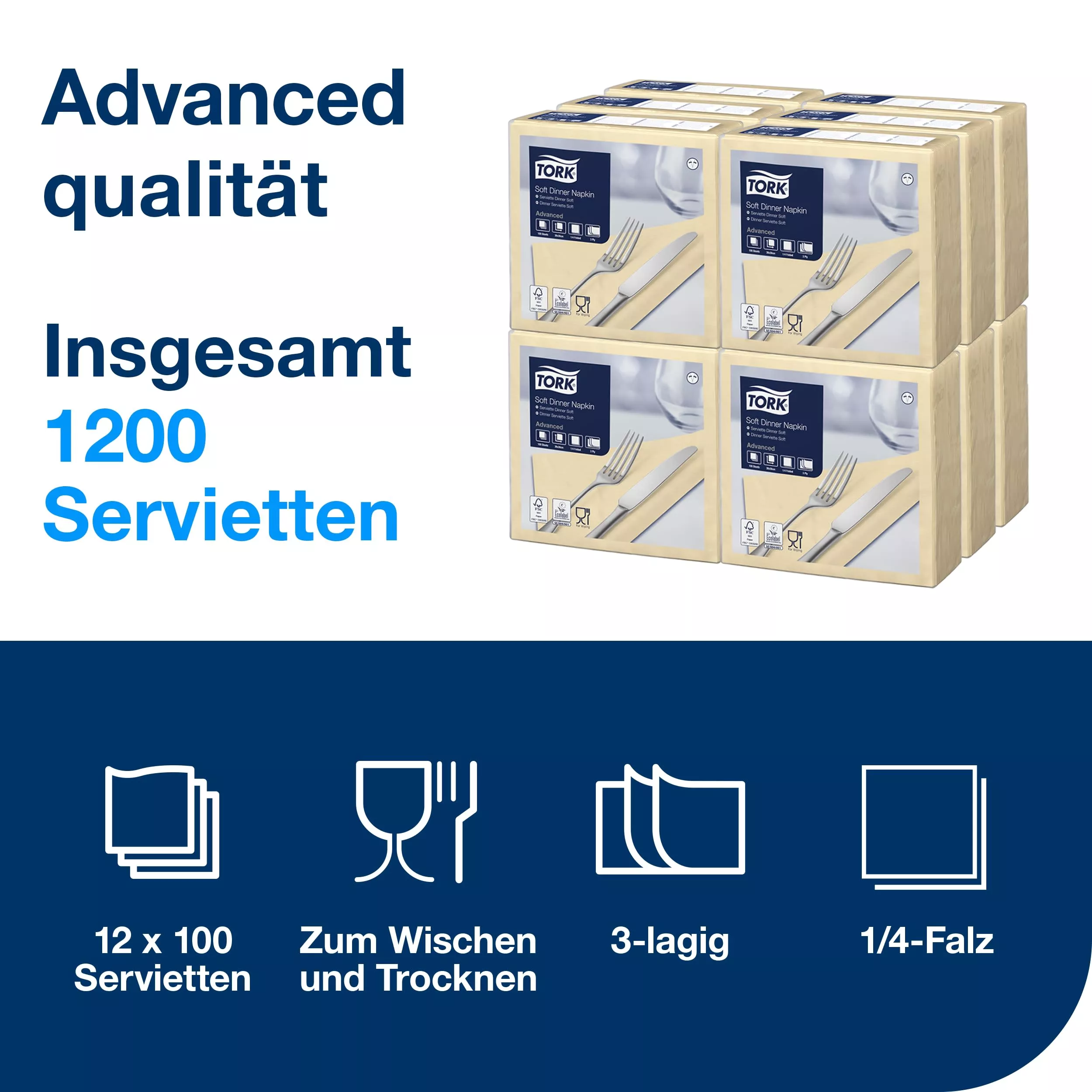 Tork Soft Dinnerservietten Sand, 1/4‑Falz, 3‑lagig, 40 cm × 39 cm, 12 × 100 Servietten, 477583
