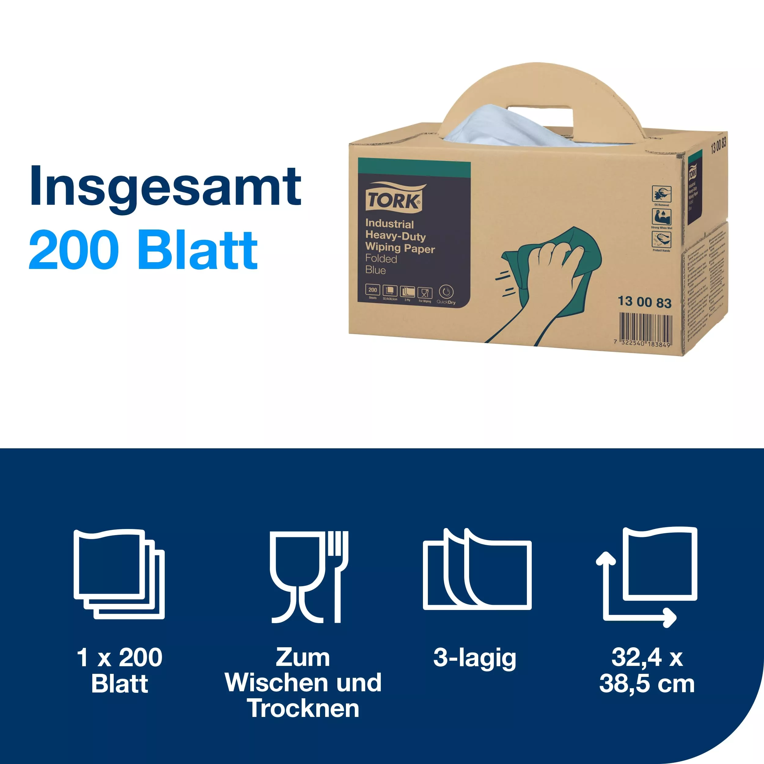 Tork Extra Starke Industrie Papierwischtücher Blau W7, Spenderbox, 1 Box, 130083