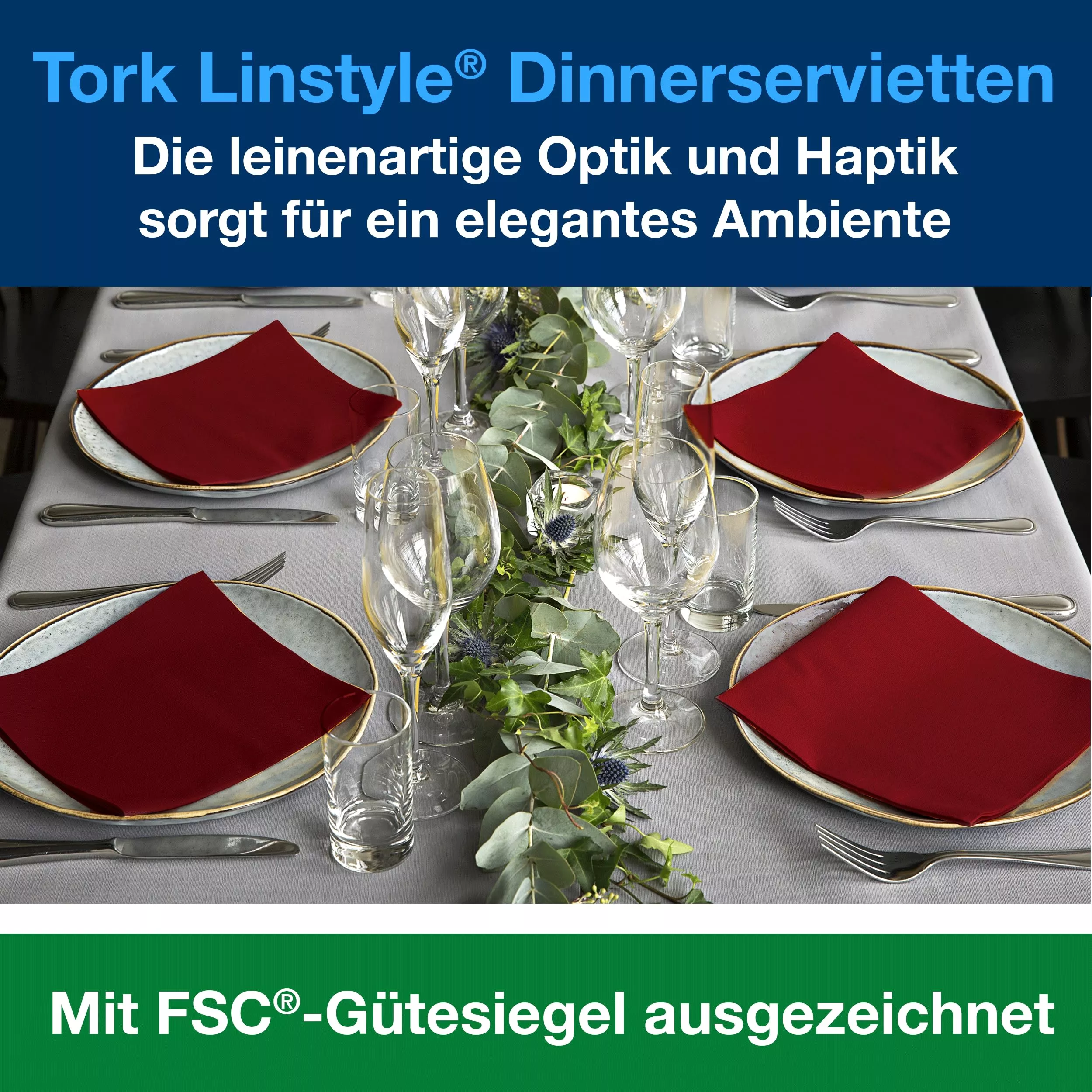 Tork LinStyle® Dinnerservietten Bordeauxrot, 1/4‑Falz, 39 cm × 39 cm, 12 × 50 Servietten, 478855