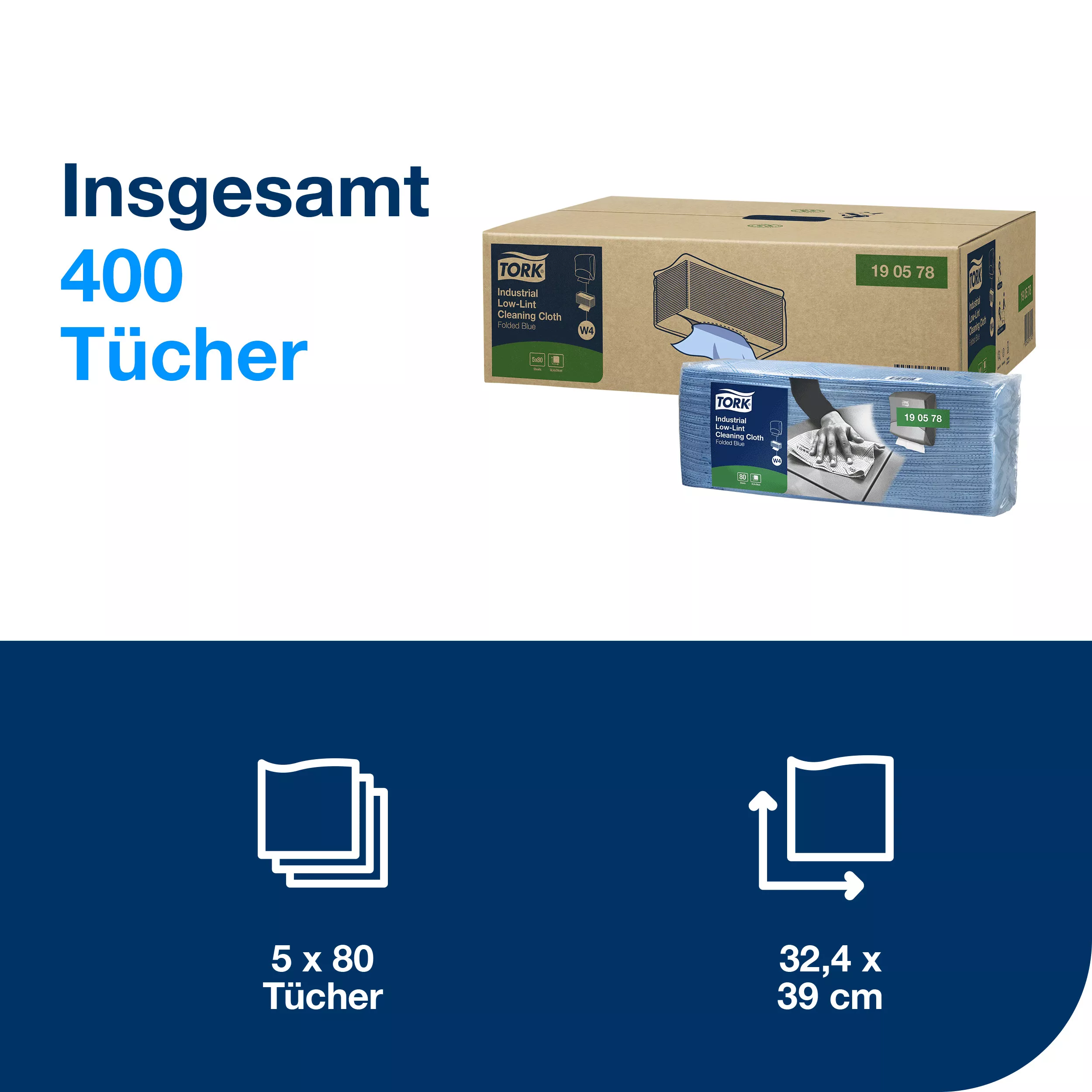 Tork Fusselarme Industrie Reinigungstücher Blau W4, Saugfähig, 5 Packungen, 190578