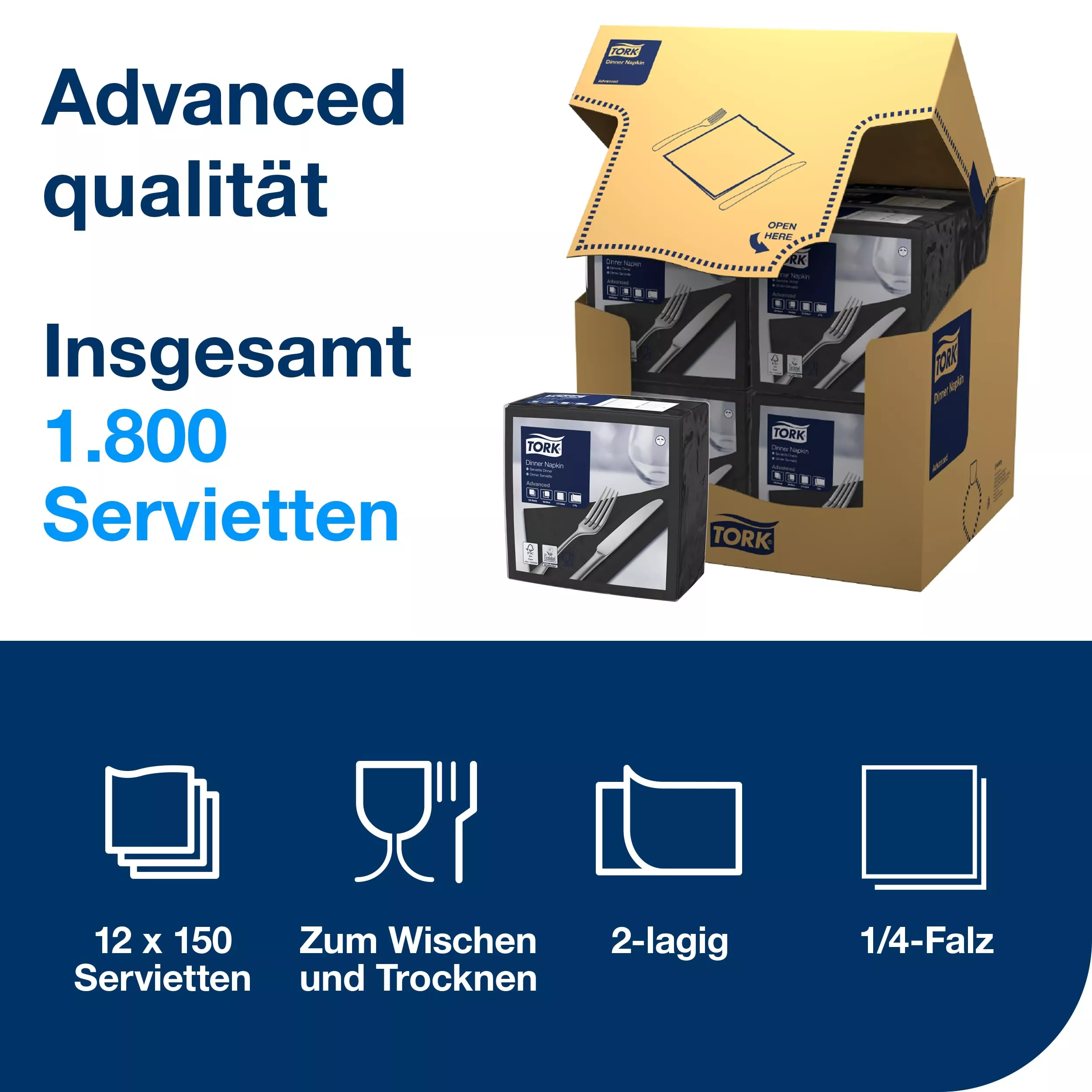 Tork Dinnerservietten Schwarz, 1/4-Falz, 2‑lagig, 40 cm × 39 cm, 12 × 150 Servietten, 478761