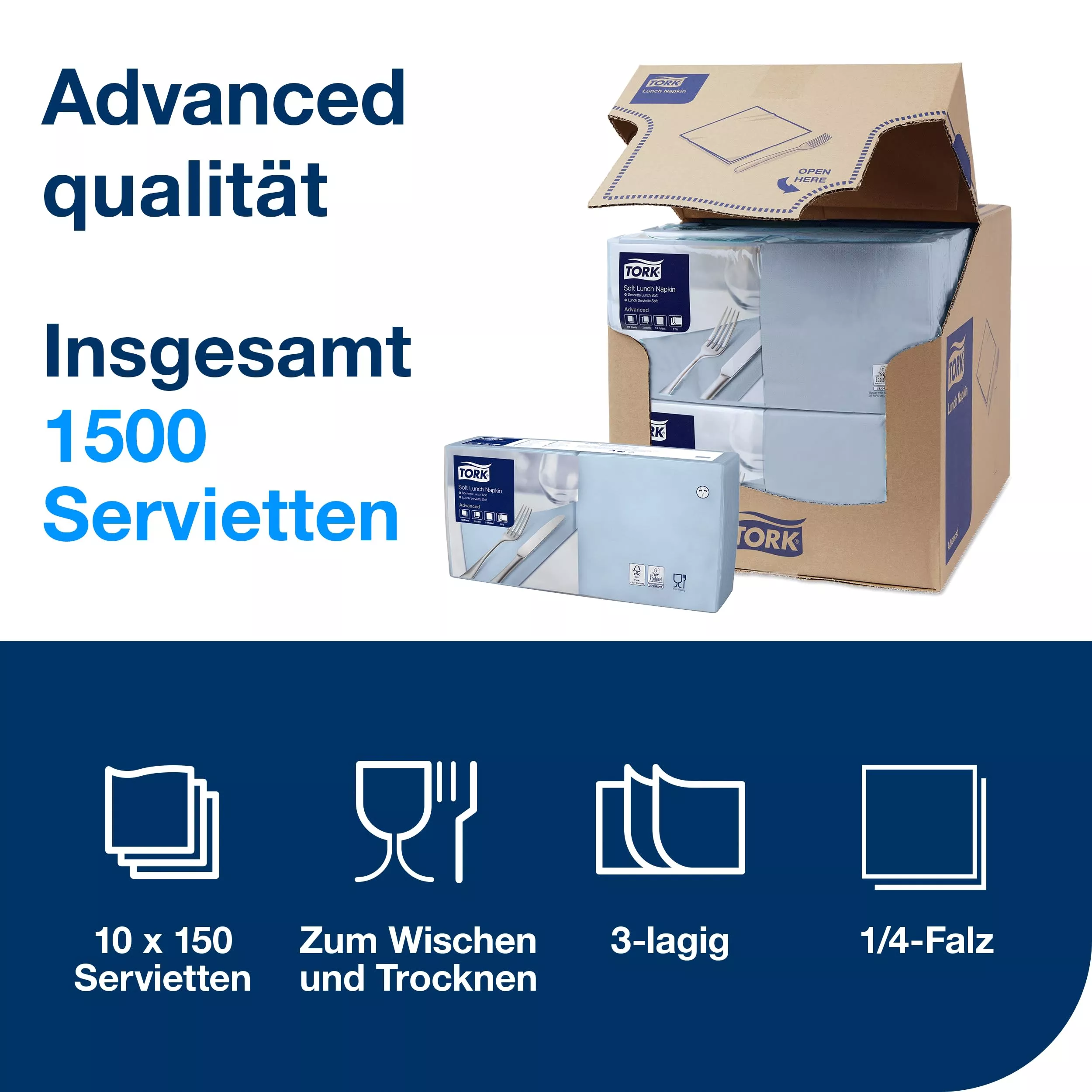 Tork Soft Lunchserviette Hellblau, 1/4-Falz, 3-lagig, 33 cm × 33 cm, 10 × 150 Servietten, 477871