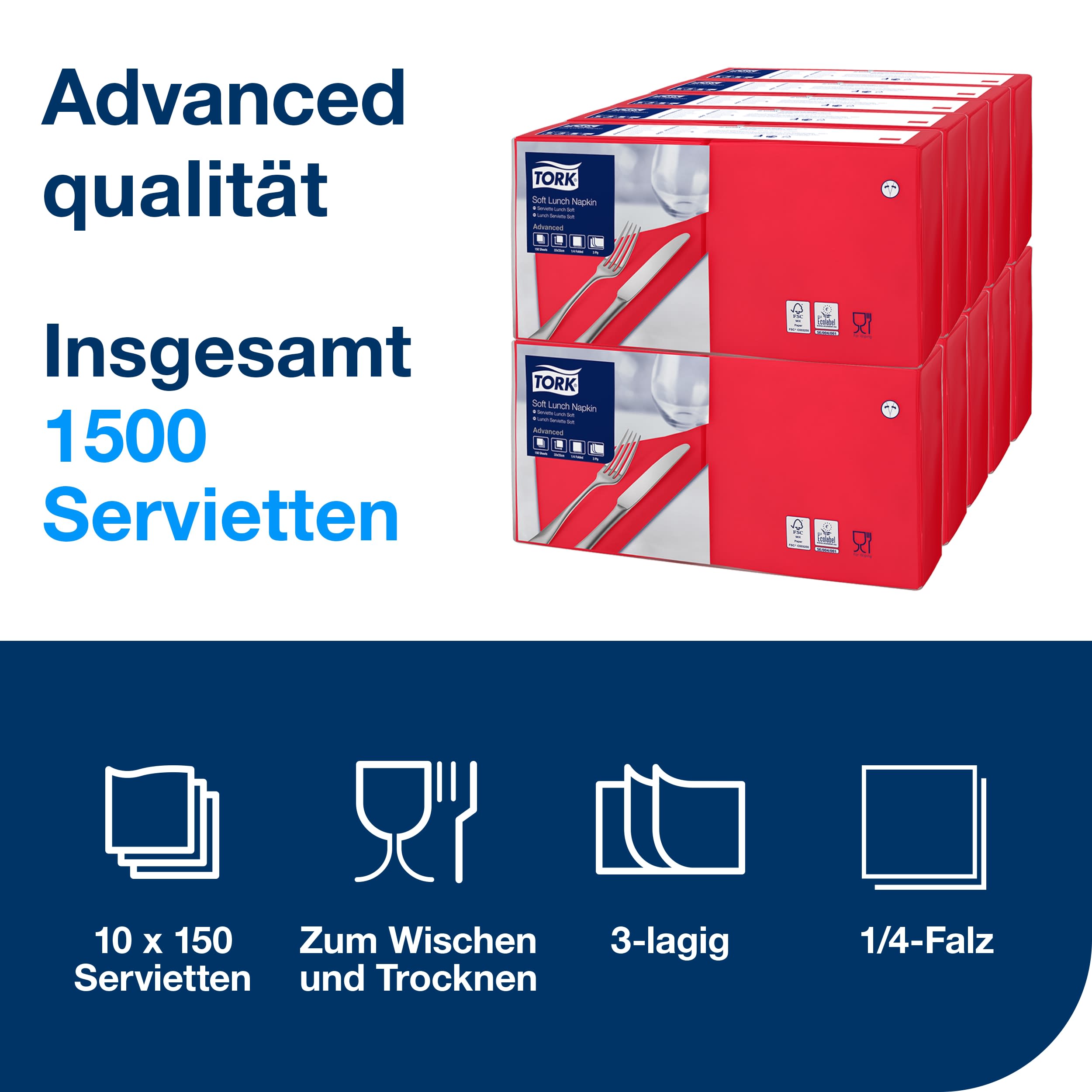 Tork Soft Lunchserviette Rot, 1/4-Falz, 3-lagig, 33 cm × 33 cm, 10 × 150 Servietten, 477861