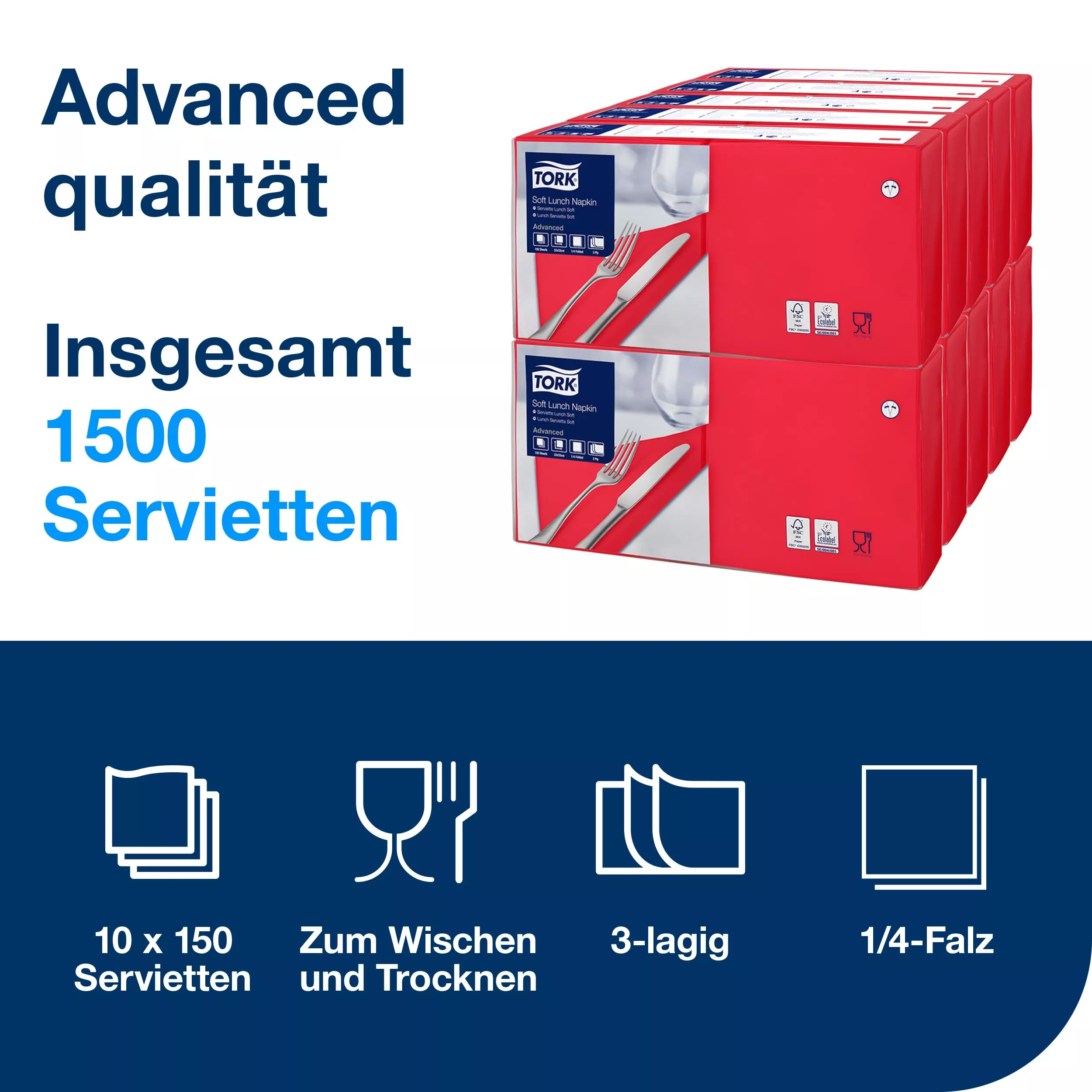 Tork Soft Lunchserviette Rot, 1/4-Falz, 3-lagig, 33 cm × 33 cm, 10 × 150 Servietten, 477861