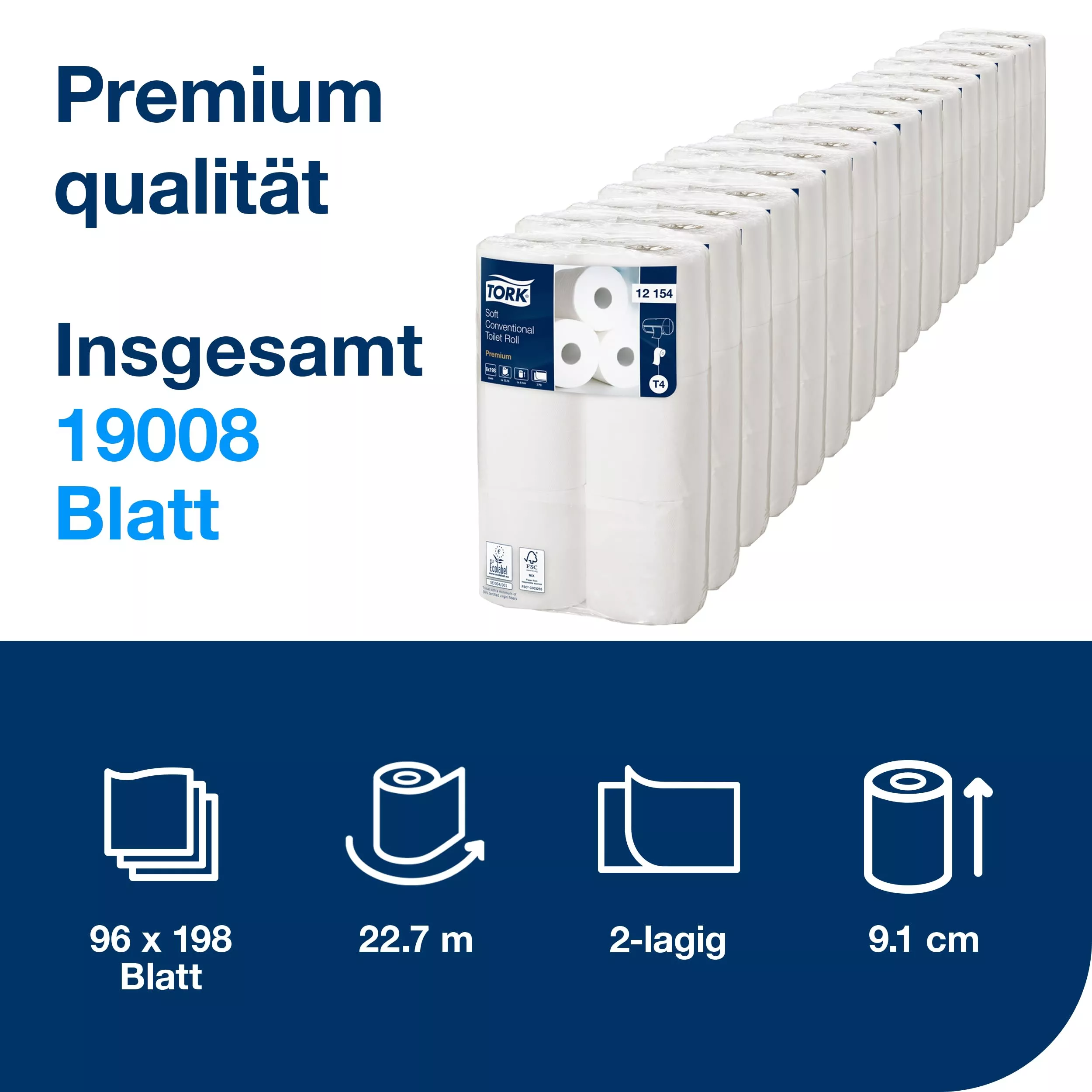 Tork weiches Kleinrollen Toilettenpapier Weiß T4, Premium, 2‑lagig, 96 × 198 Blatt, 12154